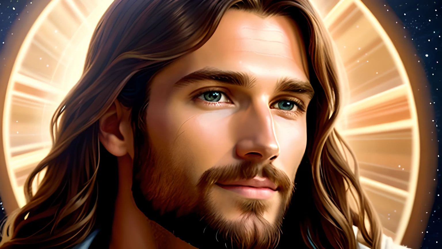 A painting of Jesus with a halo in heaven, Jesus Christ, Smiling in heaven, Portrait of Jesus Christ, Face of Jesus, Young God Almighty, Portrait of a Heavenly God, Greg Olsen, Jesus Gigachad, Jesus of Nazareth, Jesus, The face of God, God looking at me