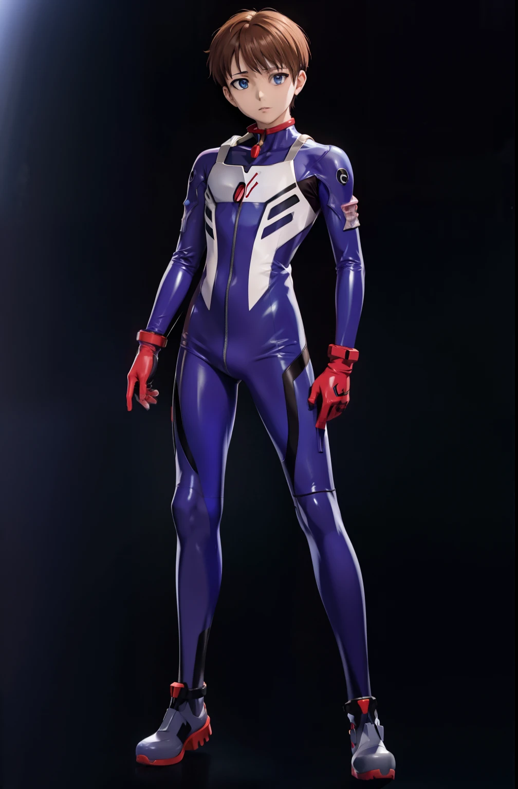 Shin Evangelion，shinji，Blue latex combat suit，tightsuit，male people，Full body photo，are standing，Muscular body