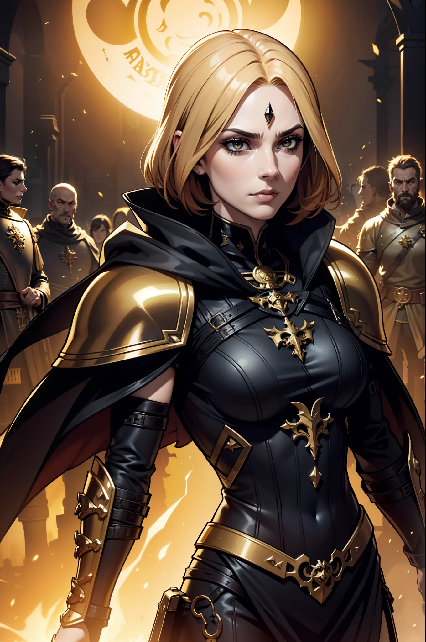 An adult female warrior character wearing a very detailed and beautiful Gothic armor. Her hair has a short cut and a golden color. Around her a legion of warriors in ranks begins the journey to war. O uso do mando a destaca dos demais, the color of the eyes is yellow, Magnificent, 8k, dramatic scene, eclipse, Gothic clothes in black and gold color. Magia, mundo sendo invadido, castelo medieval, facial expression of hatred.