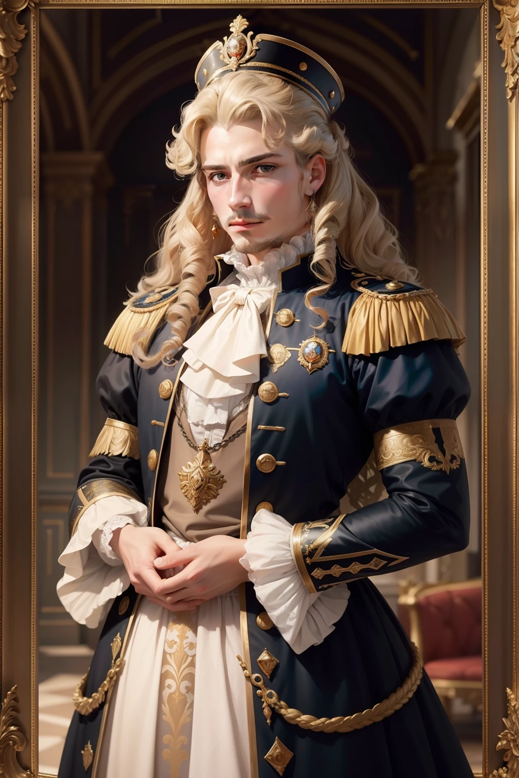 King French Emperor effeminate man of the seventeenth century. Usa trajes extravagantes e adornados com joias reluzentes. Her curly blonde hair is a frame for a face with an expression of self-confidence and superiority.