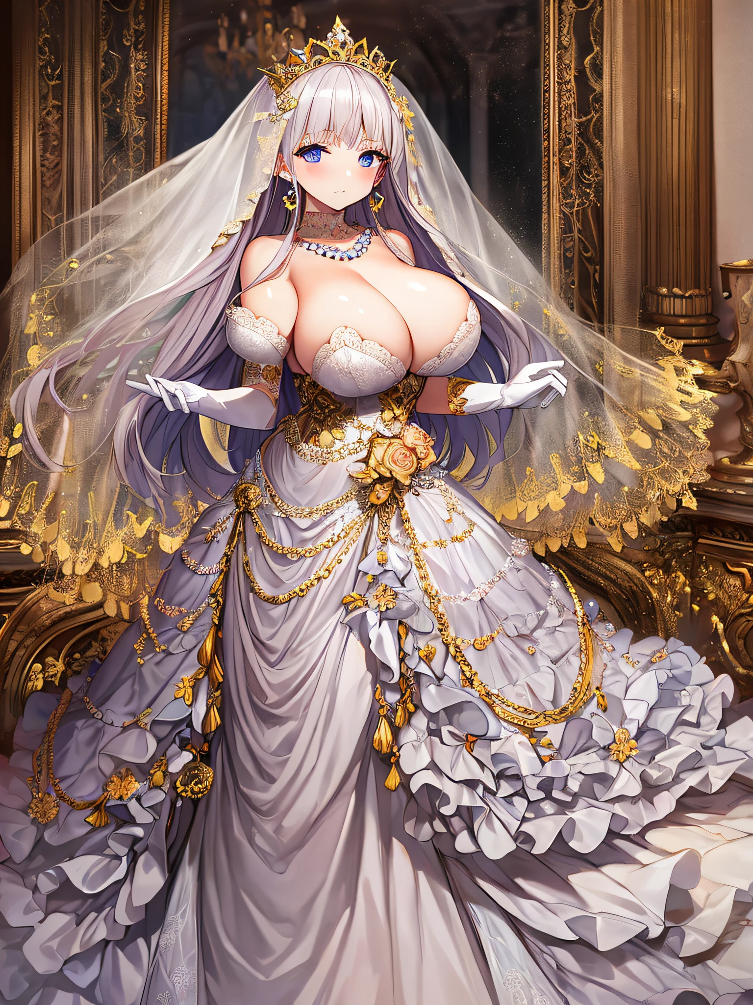 ((anime artstyle)),Best quality, Masterpiece,Solo,(full body),1 princess wearing a stately and elaborate royal wedding dress of white satin and tulle adorned with voluminous crinoline hoopskirt,(gigantic tits,Long tits,skindentation),(large amount of straight hair,extremely Long voluminous Hair),lace, frills,gorgeous embroidery and jewels, with enormous puffed sleeves, long train, long white gloves, pearl necklace and earrings,long wedding veil