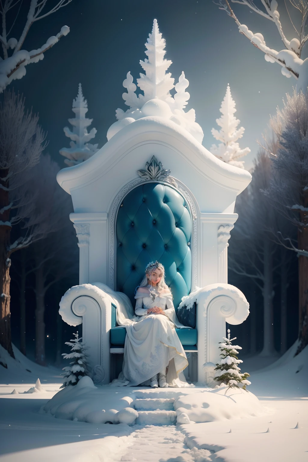 trono de gelo em destaque, fundo com Garden of a beautiful ice palace, paisagem deslumbrante com ambiente nevado e esculturas de gelo nas laterais ultra realista e floresta de inverno ao fundo, com um trono de gelo na frente, ultra realista 4k