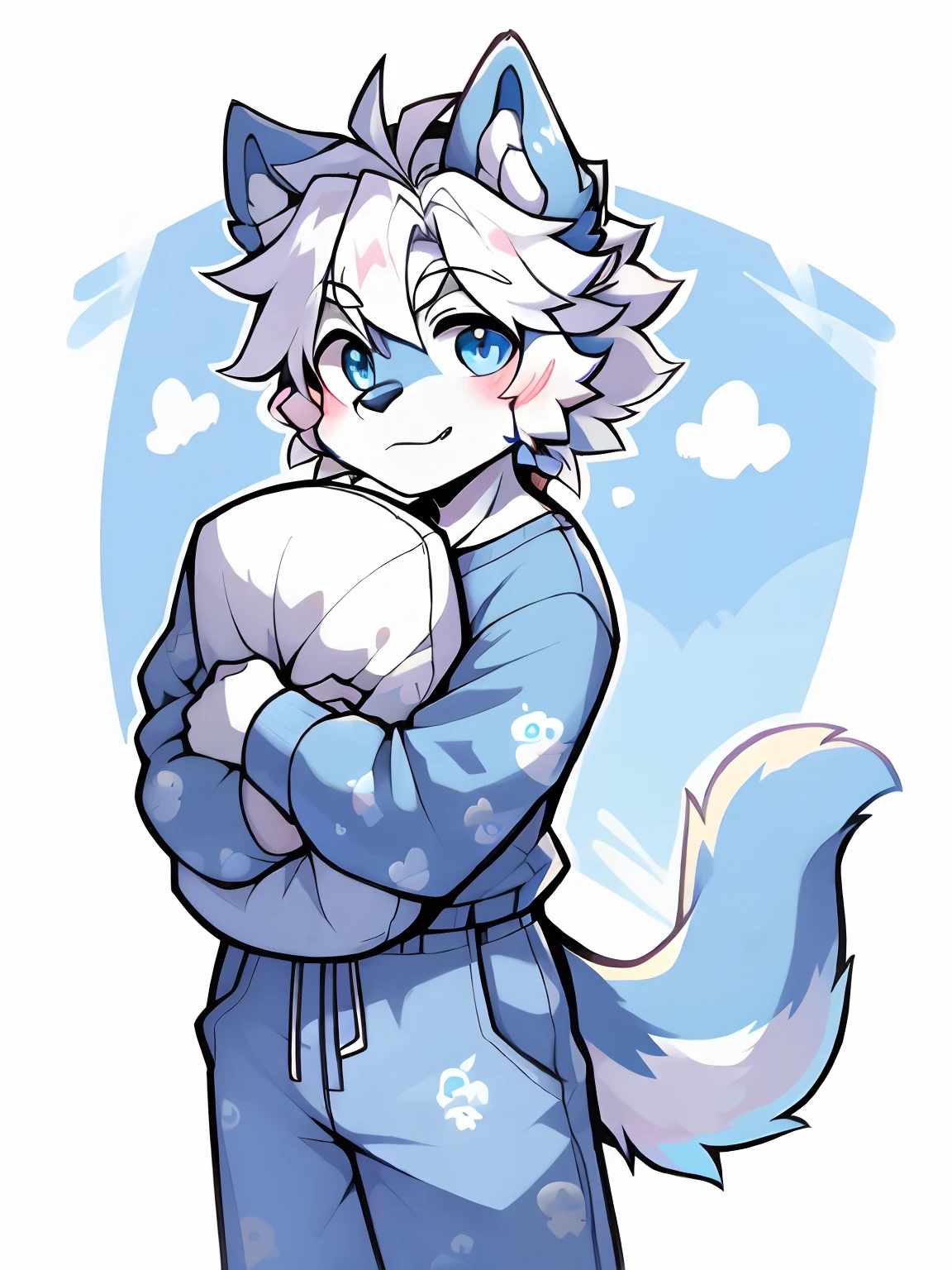 eyes with brightness, in a panoramic view, Character Focus Solo, shaggy, Furry male wolf, White fur for men,blue ear，Blue pattern on the face， blue color eyes, White color hair(The long），Wearing blue pajamas，CasualClothing，Young style，Height one meter eight，Handsome， has a tail，high school senior，onbed，hugging pillow，The tail is straight