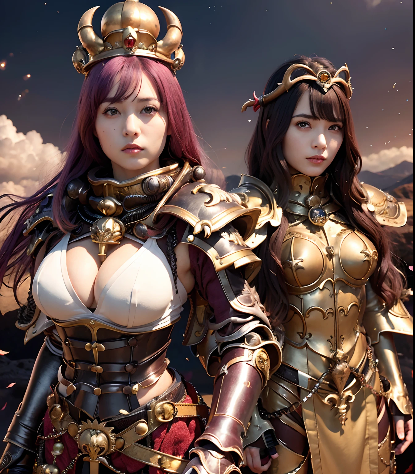 (masutepiece), Professional , masterpiece、top-quality、photos realistic , depth of fields (Dragon White Metal Body:1.9),(Matte purple、(cleavage of the breast)、Dragon Gold Weapon、(White bikini armor),Gorgeous gold weapons ,(( Dragon's dense and gorgeous sword)) , Beautiful knife ,warhammer 40k , adepta sororitas、((Purple hair))、(Castle background)、The dragon、((Gangle's forest background))、Beautiful Caucasian beauty、(1a person)、dynamic ungle,(((Detailed and ornate Devil's Crown)))、Smaller head、Strange smile、Castle background、Thin and beautiful female hands、cleavage of the breast、Soldier in iron armor on background、Mystical expression、Light Effects、intense fighting、Wind-effect、magic circles、With the legendary magic wand、(demonic wings)、