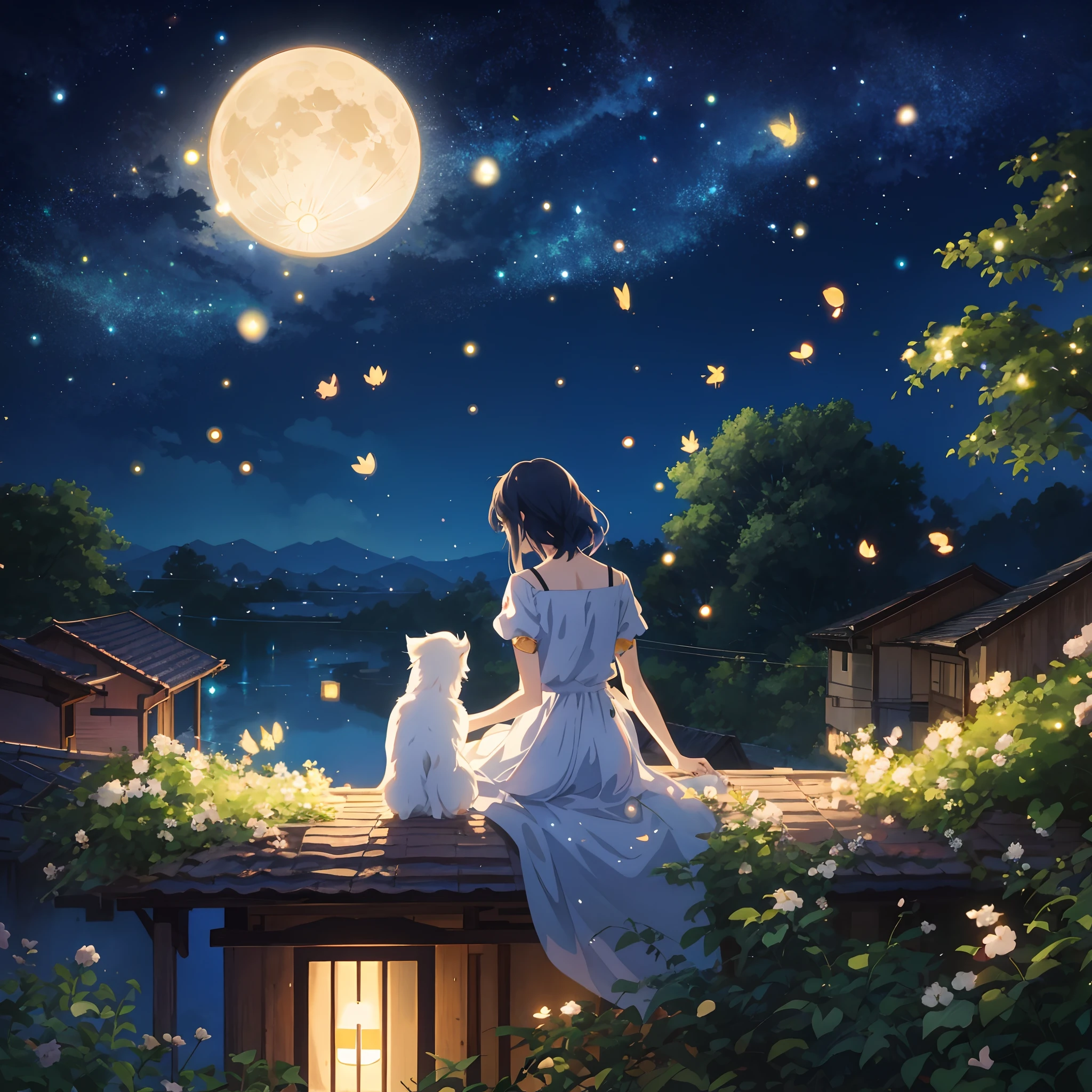 Anime girl sitting on roof watching the moon, calm evening. Digital illustration, dreamy night, Makoto Shinkai Cyril Rolando, night under the starry sky, cozy night fireflies, Moonlight, beautiful moonlight night, Anime art wallpaper 8 K, by Yang J, the glow of the moonlight, anime beautiful peace scene, Anime art wallpaper 4 K