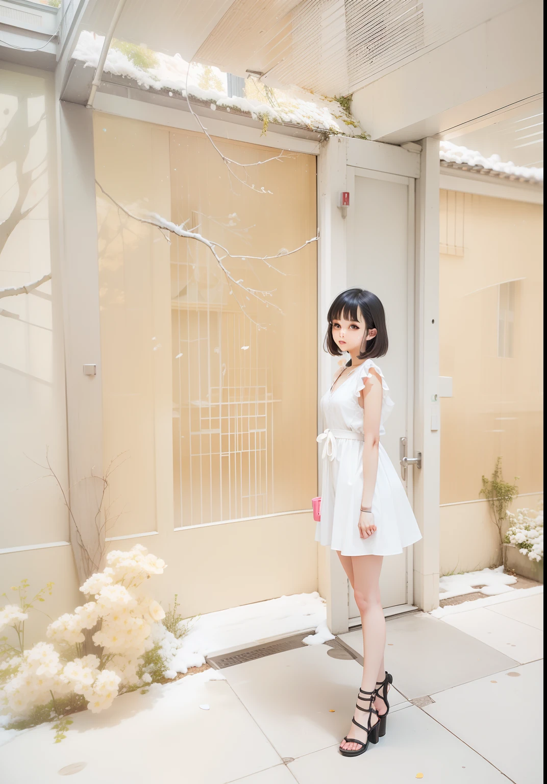 黒パンスト、((Full body:1.2,Voyeur from the front:1.2,from a distance:1.2)),(Very beautiful 13 year old Japanese skinny girl:1.4),A girl wearing a pure white frilly miniskirt dress,Pure white high heels,slim body shape,disproportionate breasts,Large Breasts,Embarrassing pose,Anxious expression,Looking Ahead,from below,realistic,best quality,ultra-detailed,high resolution