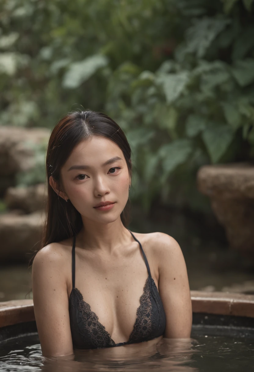 (photo by natural hot spring:1.2), (captivating photograph featuring a Chinese woman with her hair tied back:1.1), (relaxing in a natural hot spring in a picturesque outdoor setting:1.1), (wearing a bikini that complements the serene environment:1.1), (her body adorned with intricate and beautiful oriental tattoos:1.1),(do not show hands, Arms up do not show hands red lingerie sculptural body with gold  1.1) (Canon EOS R6 camera, perfect for capturing outdoor scenes:1.2), (paired with a Canon RF 24-70mm f/2.8L IS USM lens for versatile captures:1.2), (the warm water embracing half of her body, creating a soothing contrast:1.1), (the play of light and shadow accentuating her tattoos and form:1.1), (her relaxed and contemplative expression blending with the tranquil surroundings:1.1), (the natural beauty of the hot spring's surroundings enhancing the composition:1.1), (a moment of serene immersion in nature, where the woman and the environment are in harmony:1.1), (an image that captures the fusion of artistry, culture, and natural beauty:1.1)), Cinematic, Hyper-detailed, insane details, Beautifully color graded, Unreal Engine, DOF, Super-Resolution, Megapixel, Cinematic Lightning, Anti-Aliasing, FKAA, TXAA, RTX, SSAO, Post Processing, Post Production, Tone Mapping, CGI, VFX, SFX, Insanely detailed and intricate, Hyper maximalist, Hyper realistic, Volumetric, Photorealistic, ultra photoreal, ultra-detailed, intricate details, Super detailed, Full color, Volumetric lightning, HDR, Realistic, Unreal Engine, 16K, Sharp focus, Octane render