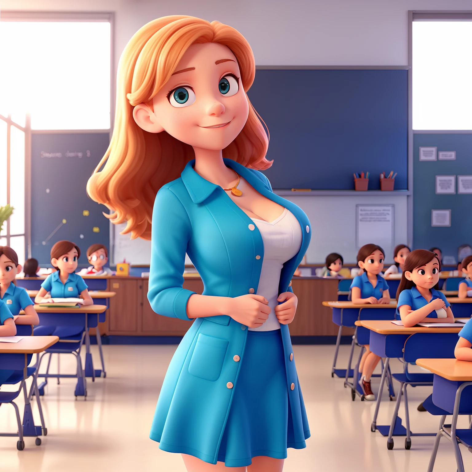 Kindergarten teacher with huge breasts in a small bikini teaching her students 