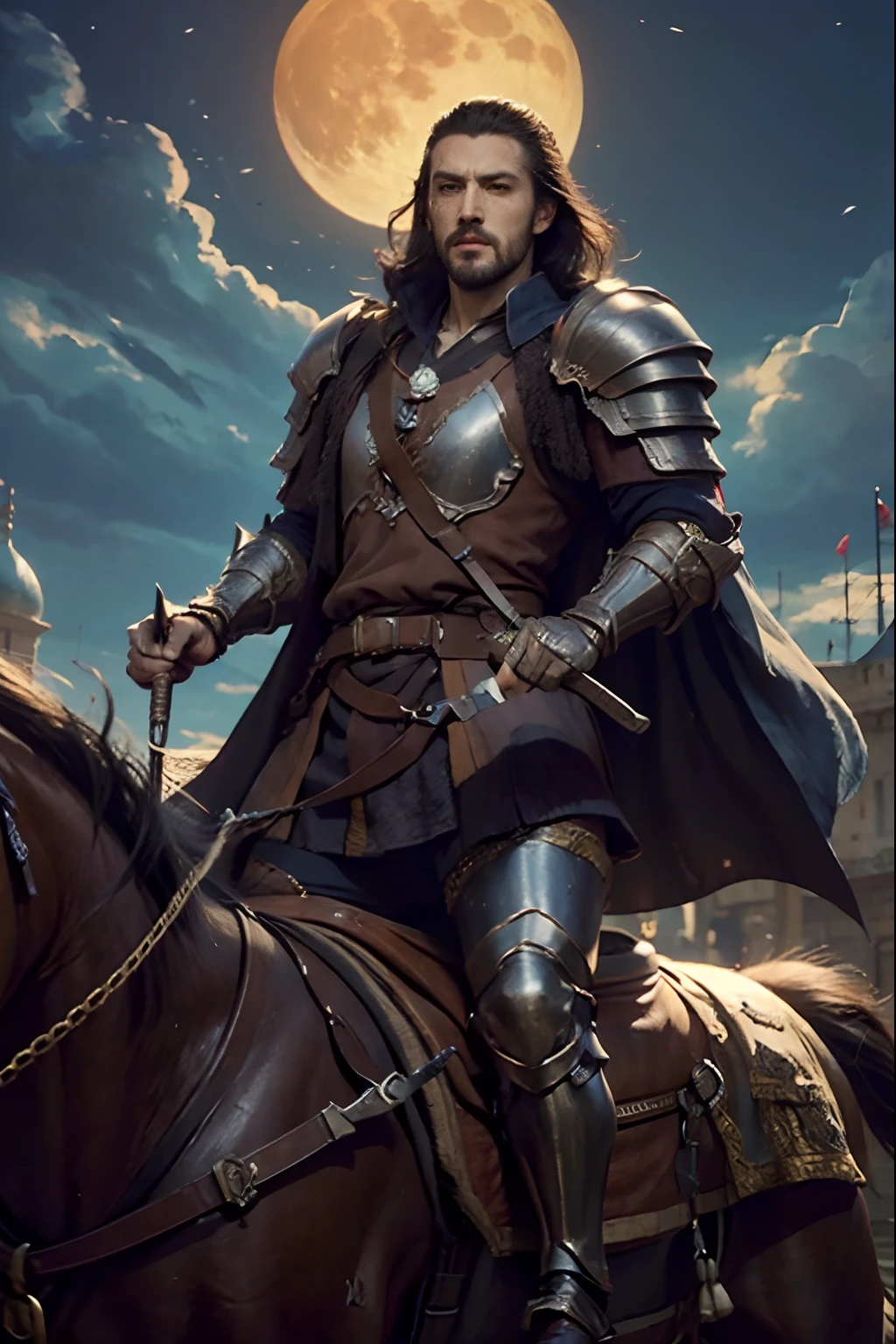 Castlevania Lord of the shadows bald beard handsome muscular full moroccan Armor Wear Armor riding great Legendary horse super detailed hyper realistic Moon behind hyper realistic super detailed