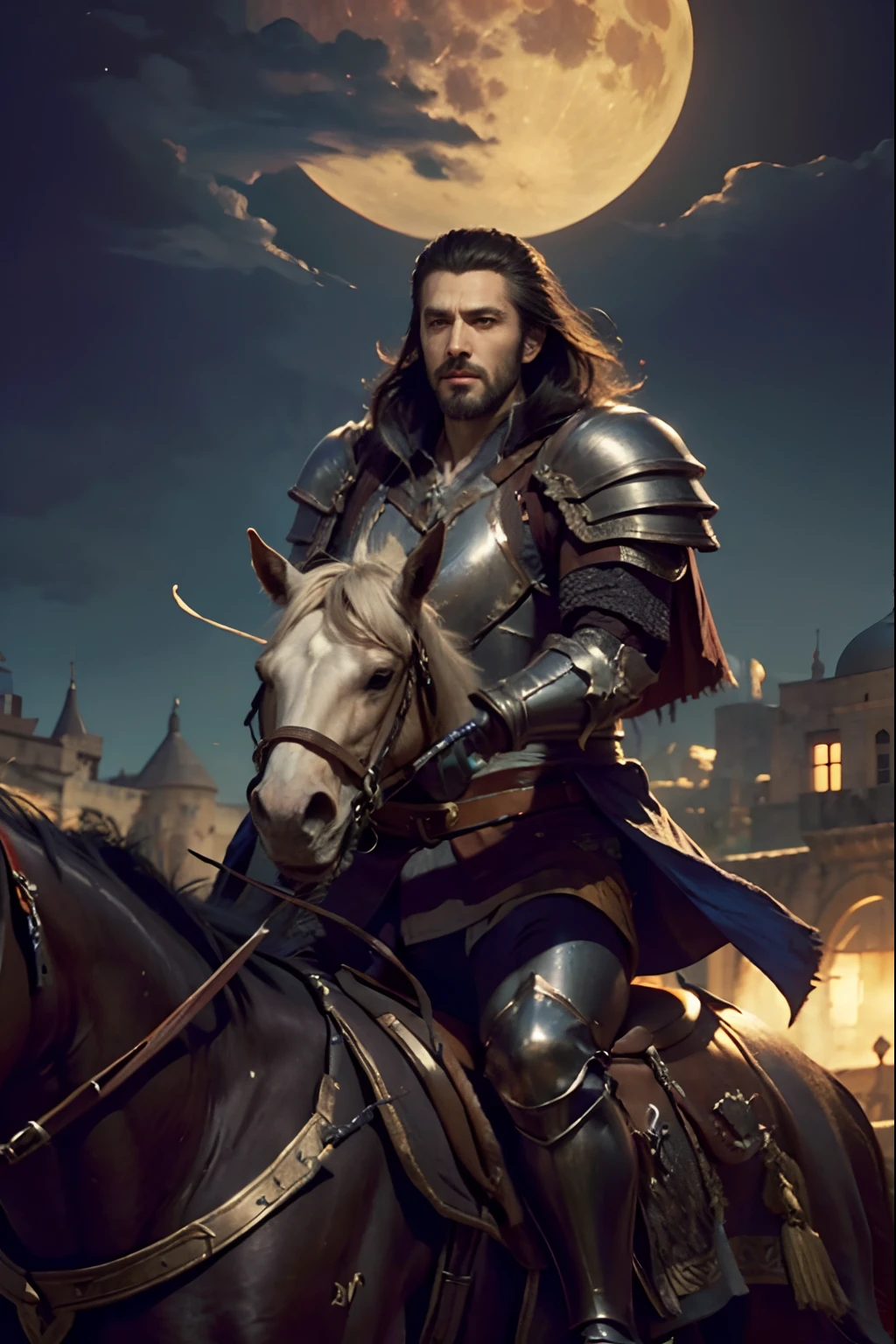 Castlevania Lord of the shadows bald beard handsome muscular full moroccan Armor Wear Armor riding great Legendary horse super detailed hyper realistic Moon behind hyper realistic super detailed