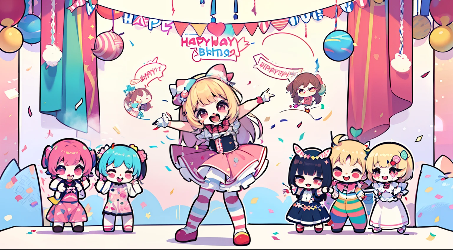 (((tchibi))) poster for, happy birthay poster (((happy birthay poster, text saying "happy birthay)) ((((chibi clown dancing)))) (((((confeti)))))