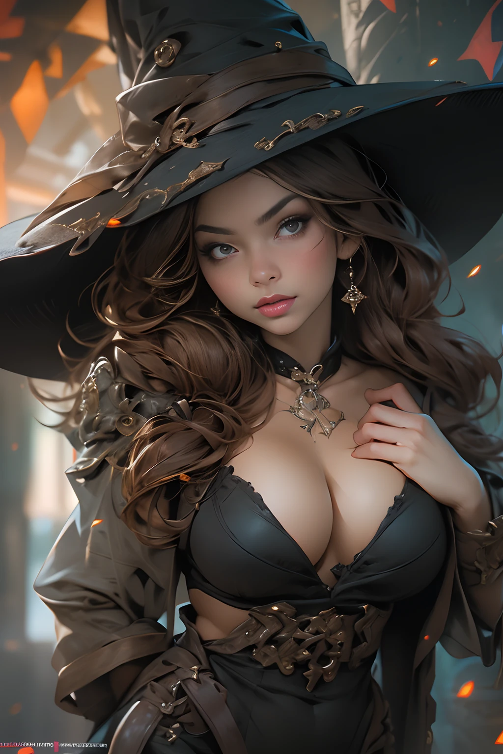 (masterpiece), (best quality), 8k resolution, 1girl, beautiful girl, stunning beauty, mature female, 30yo, perfect body, sexy, witch, low-cut