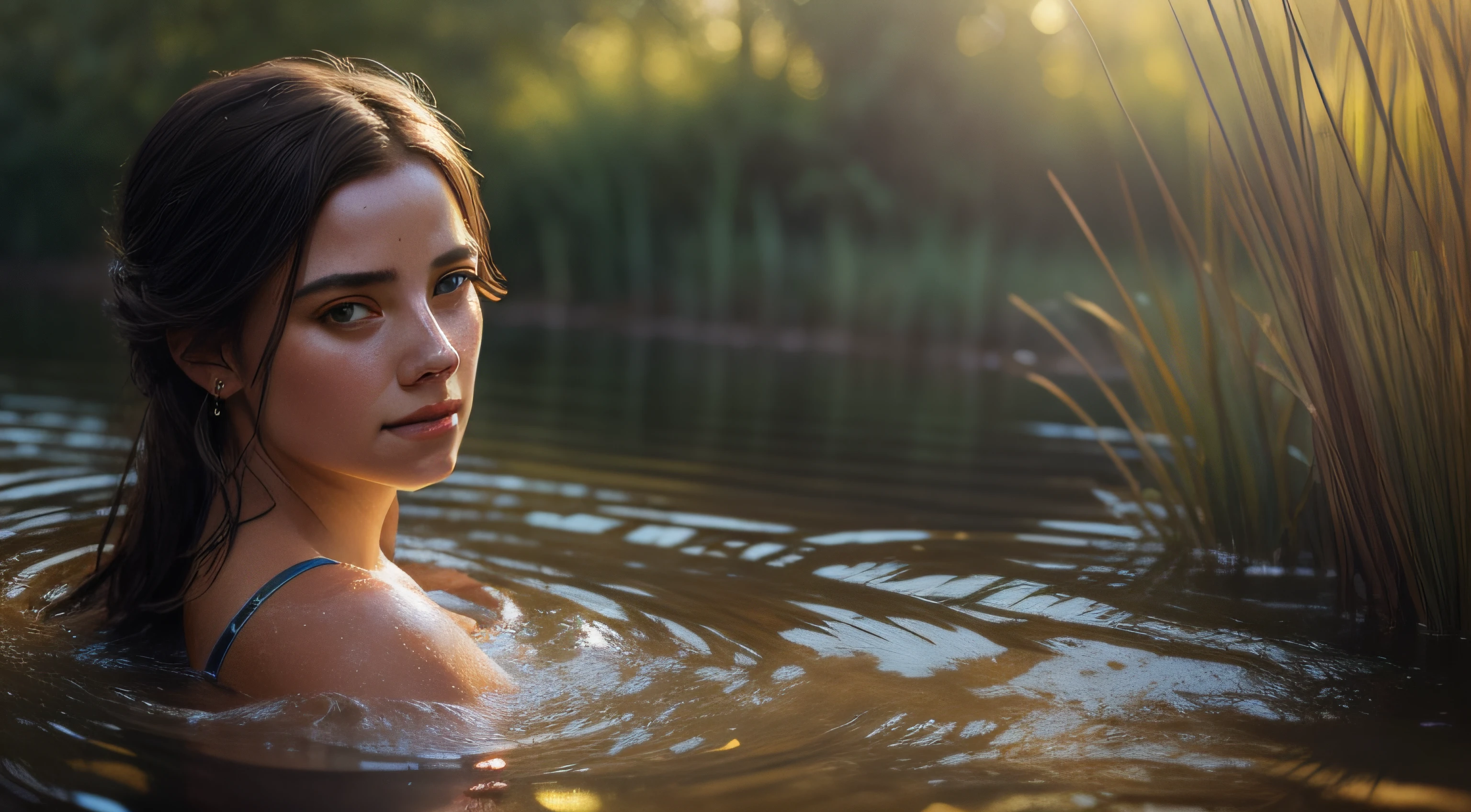 close up portrait of a cute woman (gldot) bathing in a river, reeds, (backlighting), realistic, masterpiece, highest quality, lens flare, shade, bloom, [[chromatic aberration]], by Jeremy Lipking, by Antonio J. Manzanedo, digital painting,