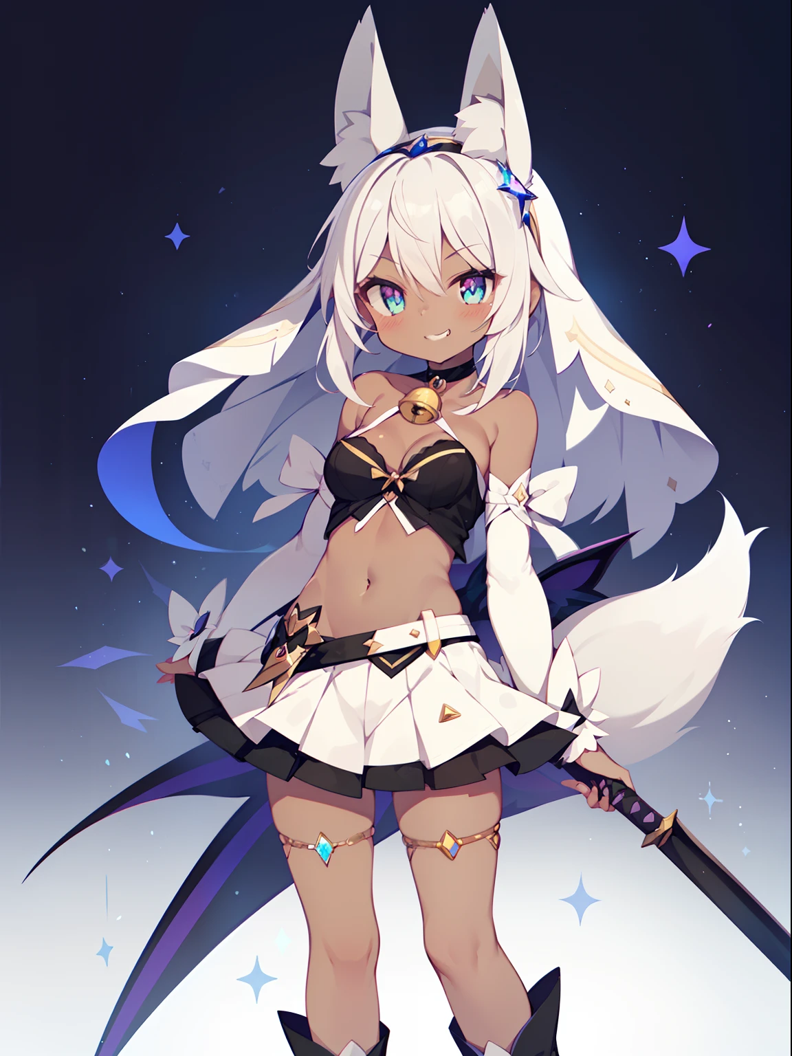 1girl in, Solo, masutepiece, nffsw、Shaders、Brilliant Textured Work、(NSFW:0.8)、(magical :1.3)、(Dark skin:1.5)、(Evil Fall:1.4)、White hair、shorth hair、(Black Magical Girl Suit:1.3)、(Thin miniskirt:1.3)、(Fox ears:1.2)、very large breast、Navel、cleavage of the breast、Looking here、sharp eye、(iridescent eyes:1.3)、grinning evily、thin-waist、Skinny Legs、hiquality、Flabby socks、Black boots、Standing picture、Holding nothing in your hands、No one around、Choker with bell、Face Veil、