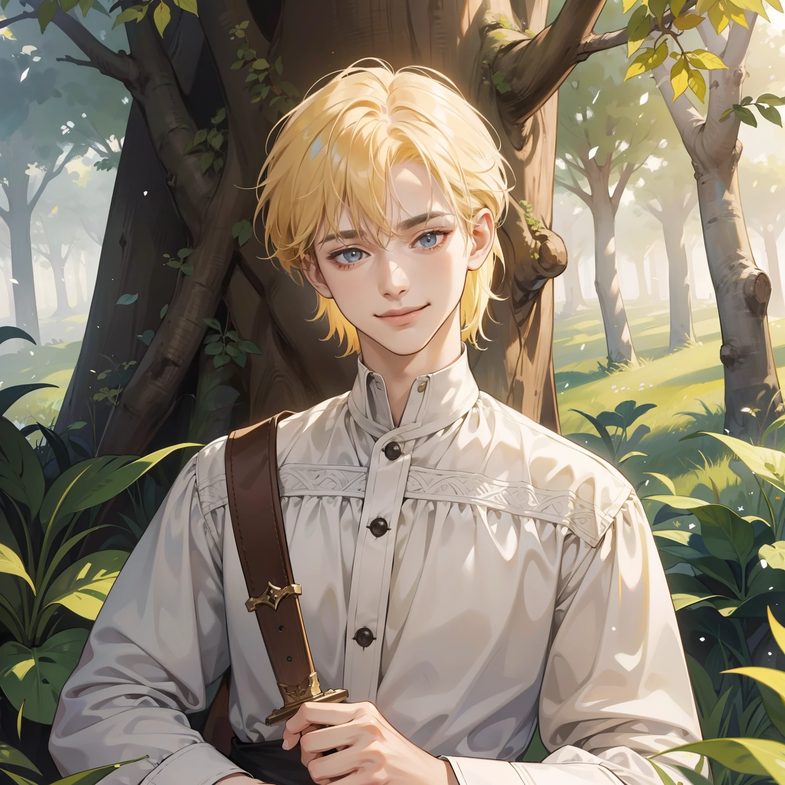 High quality, super detailing, masterpiece, picturesque colors, perfect face, super detailing of emotions,  in the Middle Ages, medieval, anima, style, scene from the movie: a man with wavy short yellow blode hair and shining gray eyes in an old shirt, perplexed,  sits, leaning on a tree, a sword was put near his throat!!! Portrait!! In front of me!!! Picturesqueness!! looking above! Forest only portrait perspective! Perspective from above!!!!! Smiling brightly!!!!!! So happy!!!!! Warm smile!!!!!!!! Blonde hair!!!! Warm smile!!!! Closed eyes!!