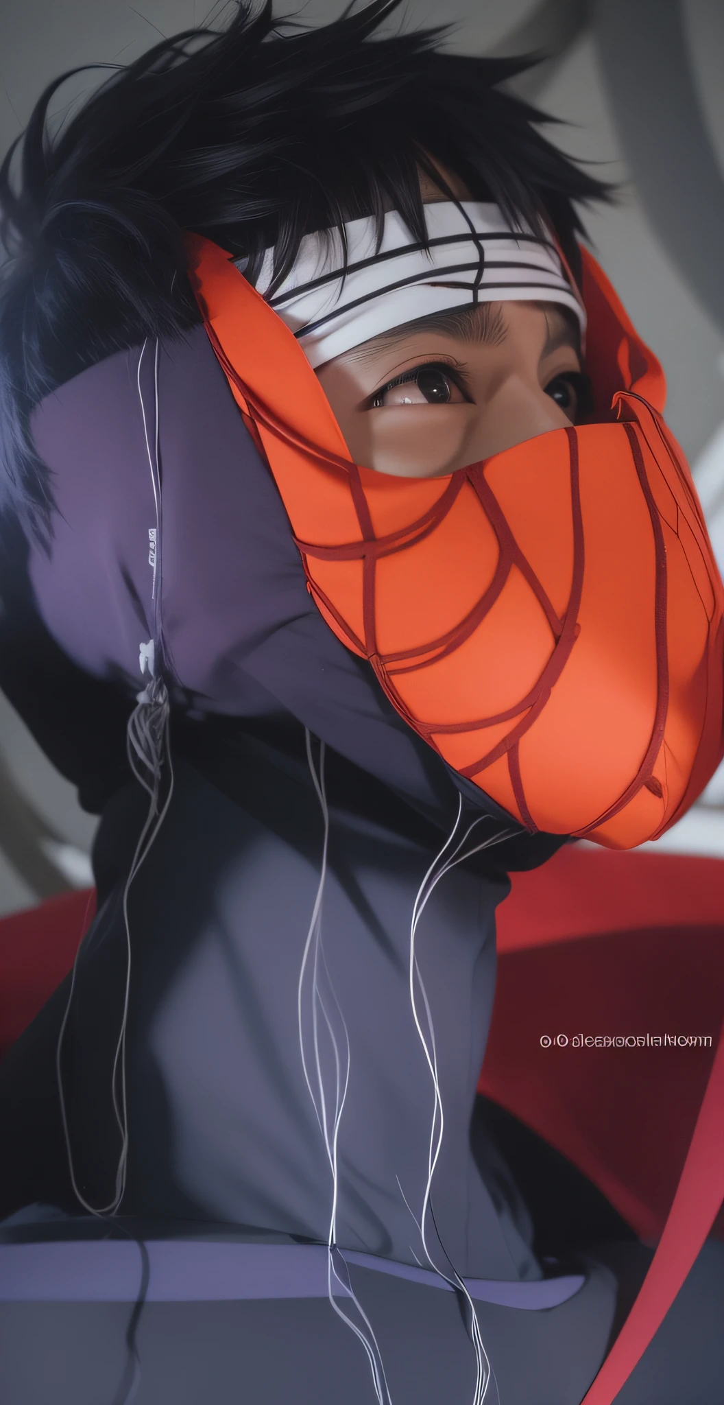 Uchiha obito, anime naruto, with Short hair, wearing the broken mask. wearing full black base layer until his neck. Wearing a white bandage on the forehead. He is a men. Potrait Photo