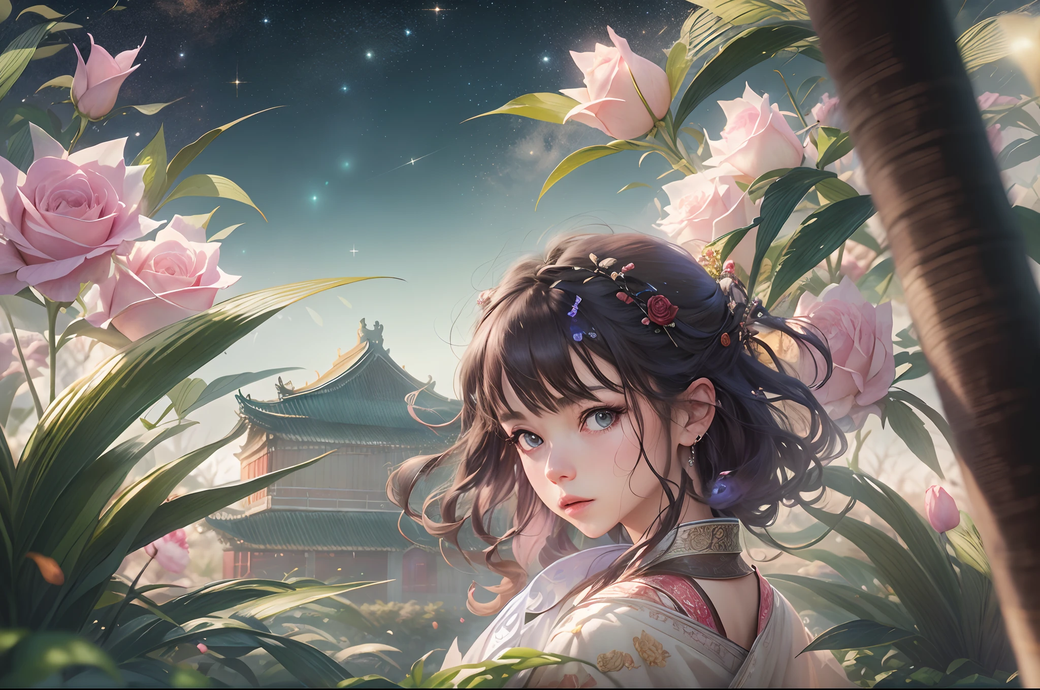 Best quality at best,tmasterpiece,The is very detailed,detailed back ground,1 woman,Young girls,Short girl,Autumn wind,Hair is floating in the wind,Chinese ancient style,exteriors,the night,starrysky,glasshouse,megastructures,the forbidden city,The landscape,scenecy,horizon,the roof, sitting on rooftop, ventania, view from long distance, Atmospheric lighting, Focus individually, closeup cleavage, seen from the side, depth of fields, Background bokeh,Best quality at best,tmasterpiece,The is very detailed,detailed back ground,tmasterpiece,16k,UHD resolution,Detailed depiction,photorealestic,realisticlying,Very realistic,anatomy correct, Delicate pattern,Pink rose space, Soft lighting, ( Bokeh),Masterpiece, Super detailed, Epic composition, Highest quality, 8K,Epic romantic fantasy digital art,Epic fairy tale fantasy digital art,Mythological fantasy,UHD resolution,Detailed detail drawing,realisticlying,Very realistic,cinmatic lighting,an award winning photograph,rich colours,hyper realistic lifelike texture,dramatic lighting