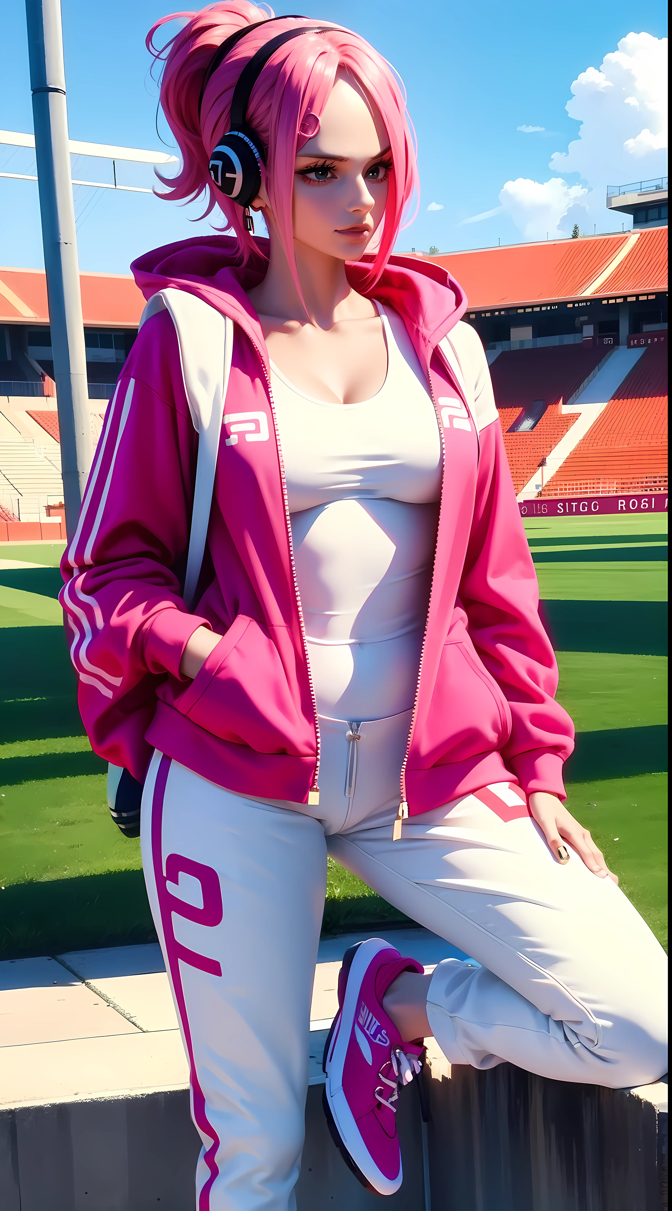 reiju from anime one piece, short hair, pink hair, wears headphones, ponytail, wears mascara, perfect body, perfect breasts, beautiful woman, very beautiful, wears black nike hoodie, white jogger pants, wears watch, wears earrings, wearing white nike shoes, being on a soccer field, Realism, masterpiece, textured leather, super detail, high detail, high quality, best quality, 1080P, HD, 16k