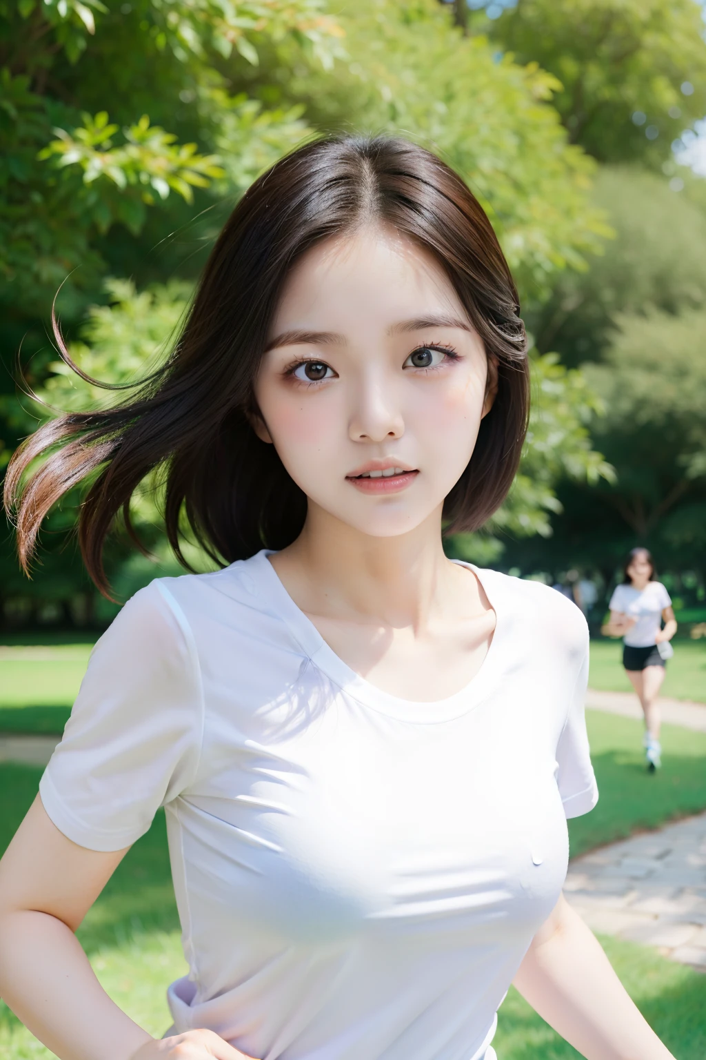 Japan girls with well-groomed eyes and faces similar to Tsuyu from Korean idol group TWICE are running through the park wearing white t-shirts. The angle is from her feet.