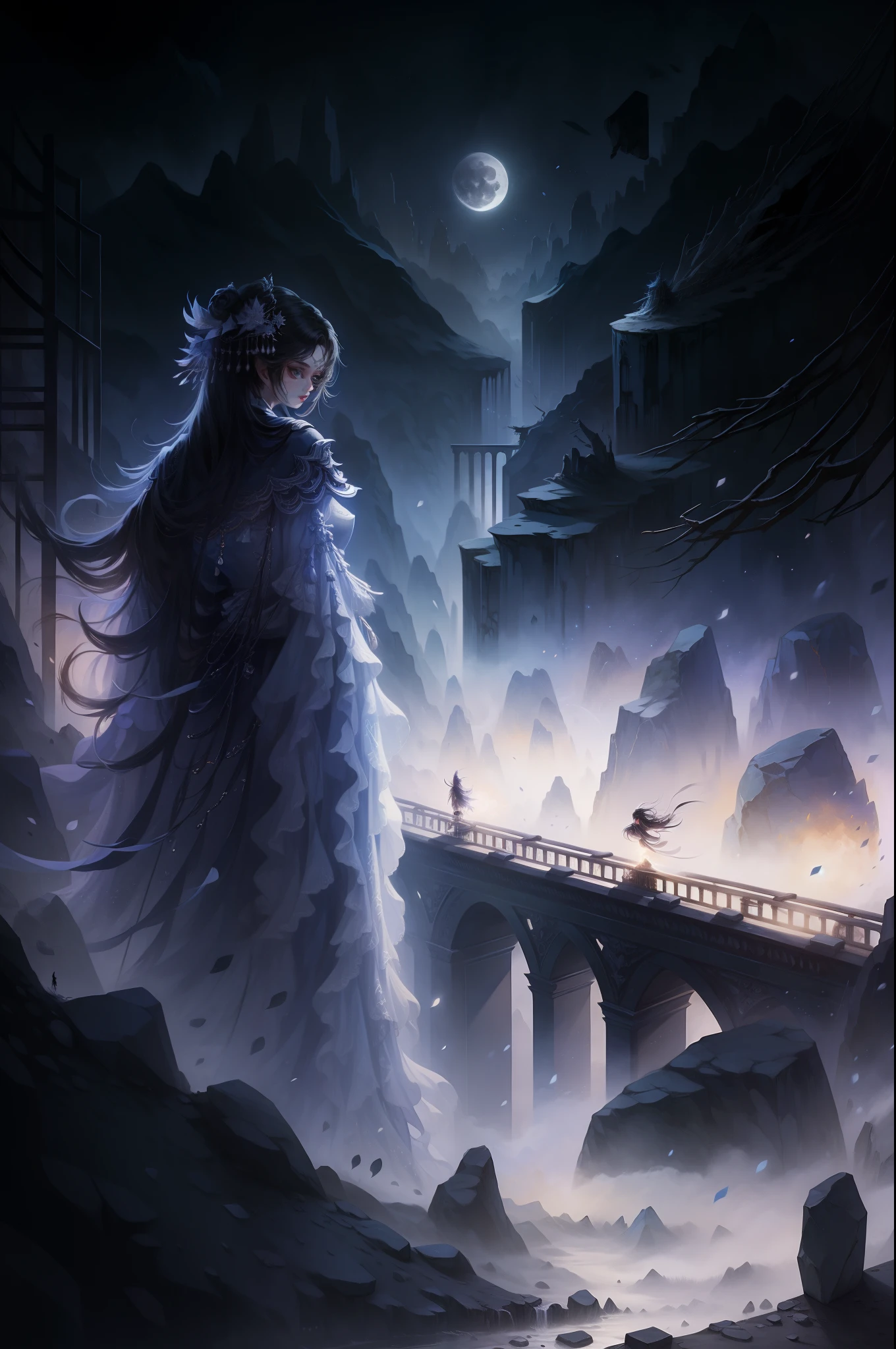 A girl , A bridge,A huge moon in the distance,the night,starrysky,Reasonable composition