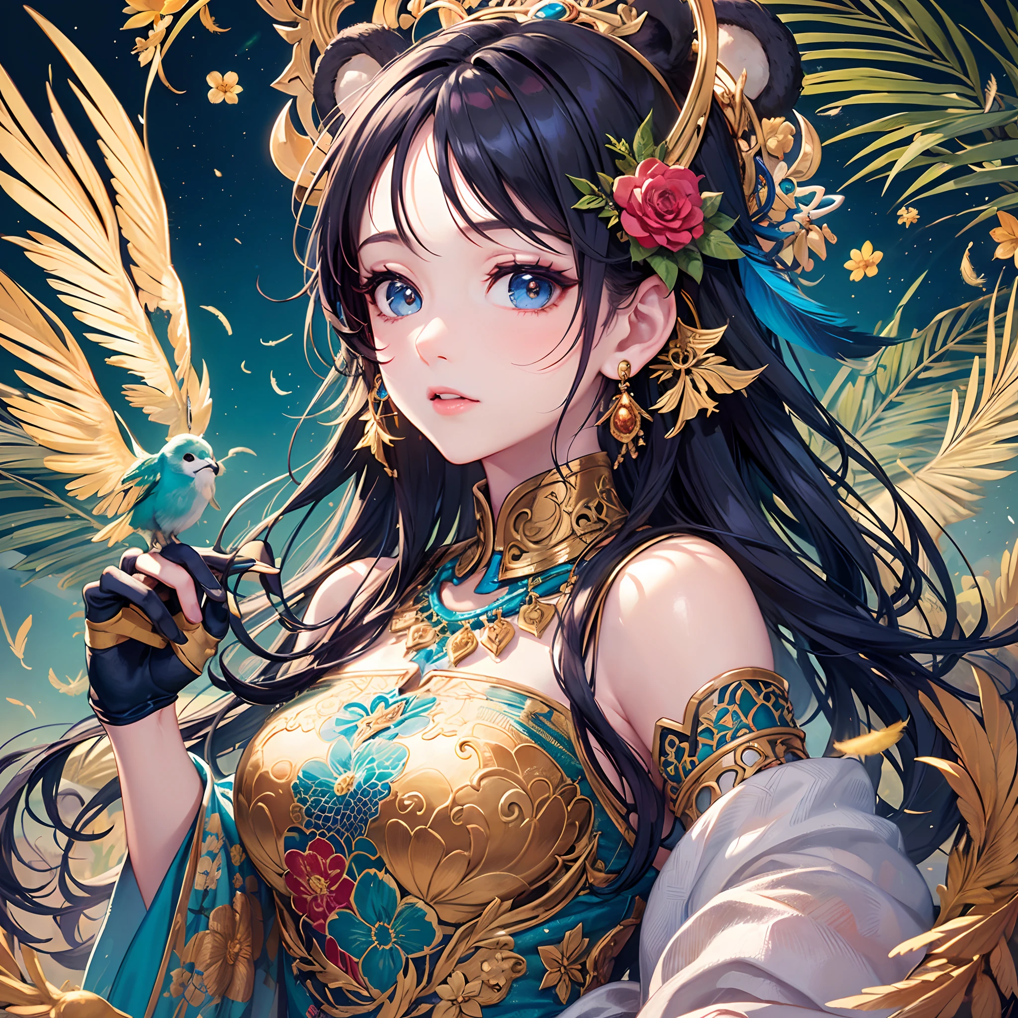 (Masterpiece, Top Quality, Best Quality, Official Art, Beautiful and Aesthetic: 1.2), (1 Girl: 1.3), Blue and Gold, Very Detailed, (Fractal Art: 1.1), (Colorful: 1.1) (Flower: 1.3), Supreme Detail, (Zentangle: 1.2), Sleeves of a Long Dress, (Abstract Background: 1.3), (Glossy Skin), (Many Colors: 1.4), (Earrings), (Feathers: 1.5), (Wind:1.3), emerald, long hair, wrapped in light, detailed background, phoenix dress, panda ears, blue flowers, vivid eyes