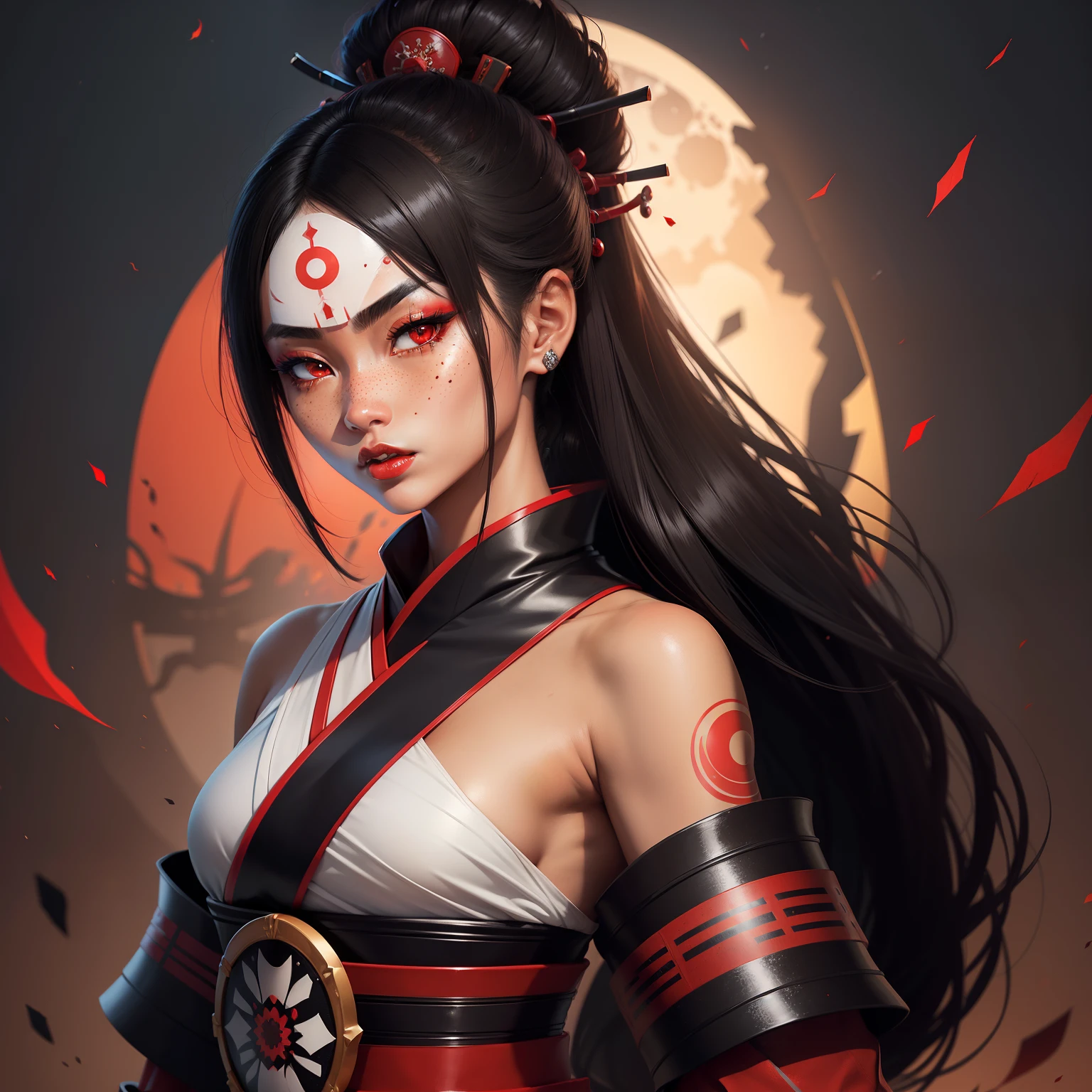 Female samurai warrior, jet black hair, dark skinned tanned, red black, bright moon, freckles on the face, red lipstick, full body, no extra hair, diamond shaped face, cover top, black eyeballs, geisha warrior, brown tan skinned, sexy hair style
