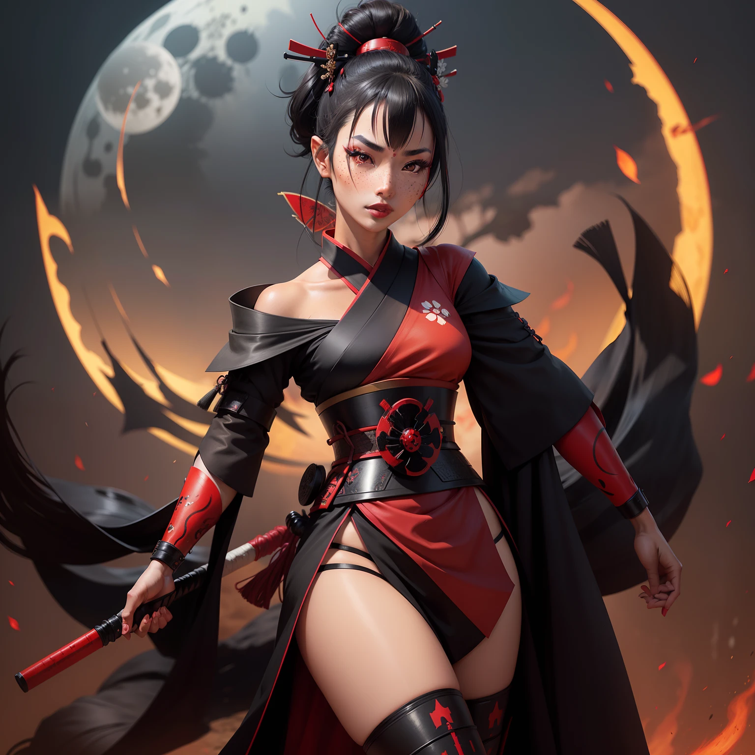Female samurai warrior, jet black hair, dark skinned tanned, red black, bright moon, freckles on the face, red lipstick, full body, no extra hair, diamond shaped face, cover top, black eyeballs, geisha warrior, brown tan skinned, sexy hair style