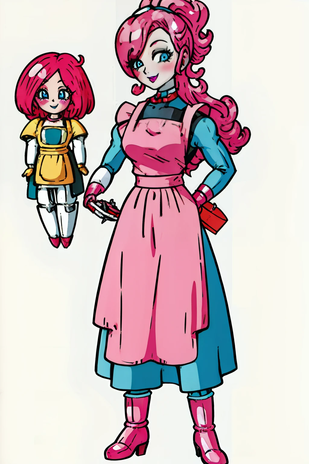 "Robot woman with pink hair and blue eyes, dressed as a housewife in an apron, standing at attention with a plastic skin and a glossy lipstick, wearing doll-like eyes and an empty smile."