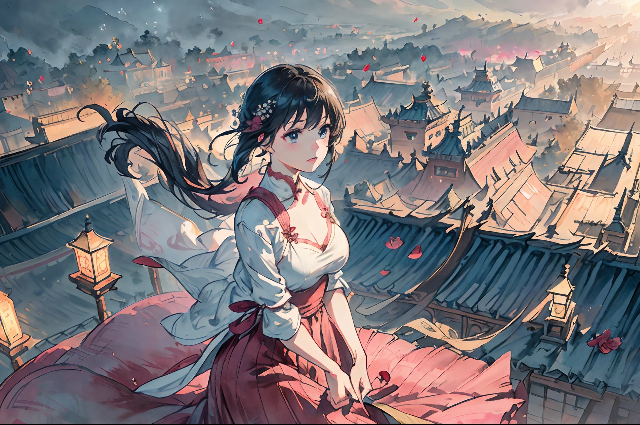 Best quality at best，tmasterpiece，The is very detailed，detailed back ground，anime big breast，1 woman，Young girls，Short girl，Autumn wind，Hair is floating in the wind，Chinese ancient style，exteriors，the night，starrysky，glasshouse，megastructures，the forbidden city，The landscape，scenecy，horizon，the roof, sitting on rooftop, ventania, view from long distance, Atmospheric lighting, Focus individually, closeup cleavage, seen from the side, depth of fields, Background bokeh，Best quality at best，tmasterpiece，The is very detailed，detailed back ground，tmasterpiece，16k，UHD resolution，Detailed depiction，photorealestic，realisticlying，Very realistic，anatomy correct, Delicate pattern，Pink rose space, Soft lighting, ( Bokeh)，Masterpiece, Super detailed, Epic composition, Highest quality, 8K，Epic romantic fantasy digital art，Epic fairy tale fantasy digital art，Mythological fantasy，UHD resolution，Detailed detail drawing，realisticlying，Very realistic，cinmatic lighting,an award winning photograph,rich colours，hyper realistic lifelike texture，dramatic  lighting