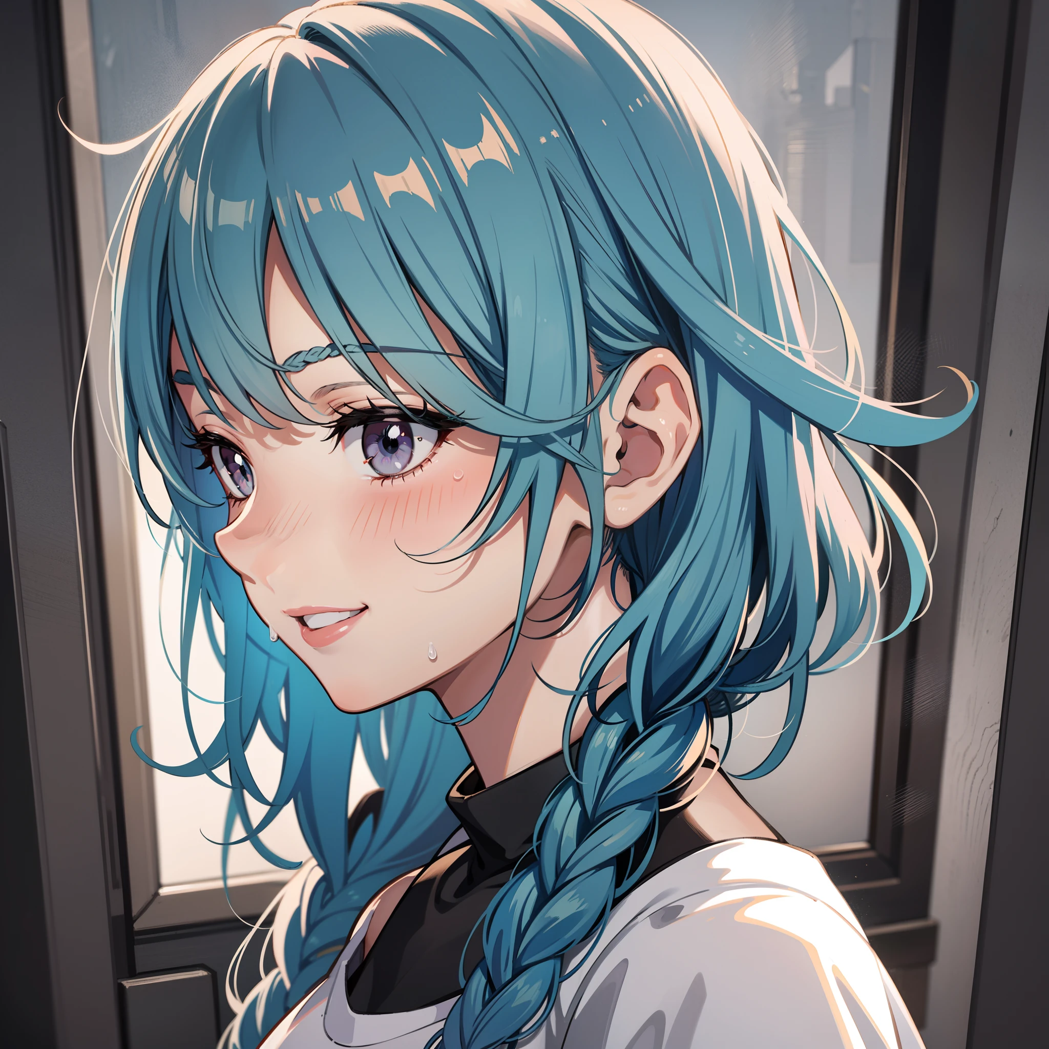 1girl, solo, in dance studio room, cute, short, long pastel blue hair in a braid, side bangs, white tips in hair, gray eyes, gray eye color, white t-shirt, black shorts, sweating after dance practice, smiling, looking happy and relieved, Oshi No Ko anime style, close up on face, upper body shot, close up, profile picture