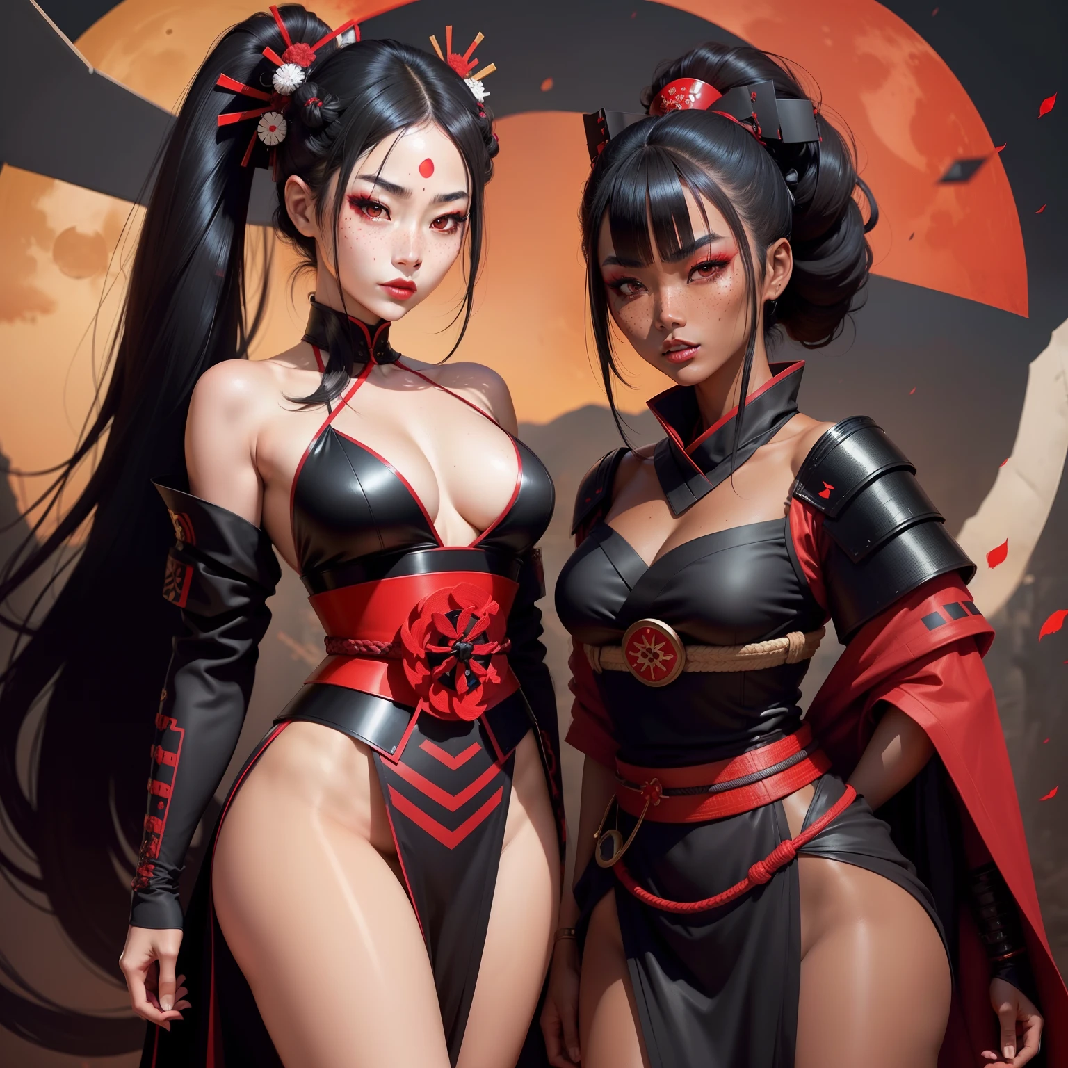Female samurai warrior, jet black hair, dark skinned tanned, red black, bright moon, freckles on the face, red lipstick, full body, no extra hair, diamond shaped face, cover top, black eyeballs, geisha warrior, brown tan skinned, sexy hair style