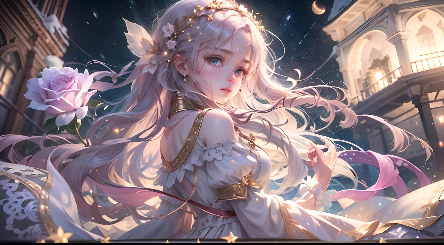 A quiet night,starry sky bright,On the roof sat a girl。She quietly looked up at the starry sky,Enjoy this peaceful evening,The girl wears a light dress,The skirt flutters gently in the wind,Her long hair shimmered in the moonlight,Exudes a fresh breath,Twinkle stars in the night sky,They were like winking at a girl,As if he wanted to share this beautiful moment with her,The bricks of the roof present an ancient beauty in the moonlight,A stark contrast to the neon lights of the city,The girl gently opened her eyes,She seemed to feel the beauty of this world,Her face appeared quiet and gentle in the starlight,Her body swayed gently with the night breeze,It is as if at one with this peaceful night,The picture is full of tranquil beauty and tenderness,Let people feel the mystery and tranquility of the night sky,view from long distance, Atmospheric lighting, Focus individually, closeup cleavage, seen from the side, depth of fields, Background bokeh,Best quality at best,tmasterpiece,The is very detailed,detailed back ground,tmasterpiece,16k,UHD resolution,Detailed depiction,photorealestic,realisticlying,Very realistic,anatomy correct, Delicate pattern,Pink rose space, Soft lighting, ( Bokeh),Masterpiece, Super detailed, Epic composition, Highest quality, 8K,Epic romantic fantasy digital art,Epic fairy tale fantasy digital art,Mythological fantasy,UHD resolution,Detailed detail drawing,realisticlying,Very realistic,cinmatic lighting,an award winning photograph,rich colours,hyper realistic lifelike texture,dramatic lighting