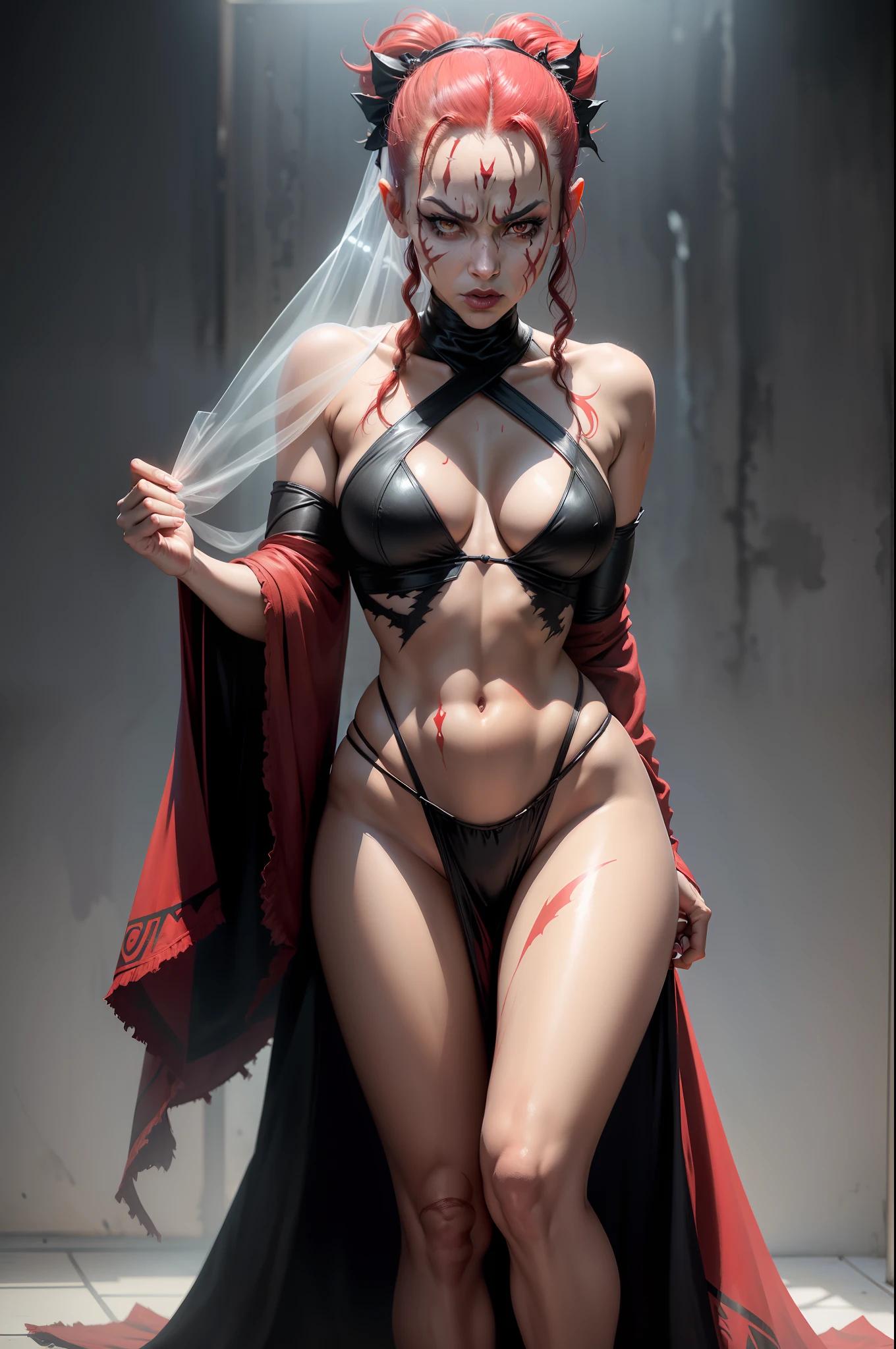 Extremely xxx rated Full body art work of a female Darth Maul from Star Wars as any female fighting character in Marvel vs Capcom style, wearing an almost invisible translucent robe that is falling apart to where the viewer can see what is underneath, soaking wet, hair in pig tails with red bows, turned on look on her face, sensually touching her body while moaning