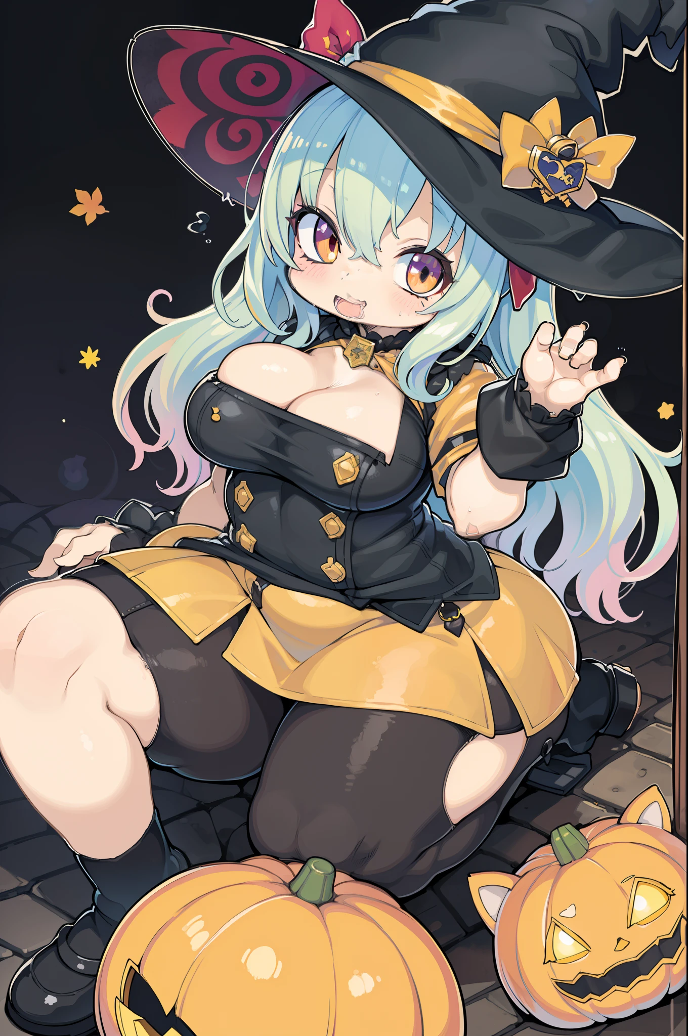 Charming Halloween 12 Year Old Witch Autumn Icon Pack, Random facial expressions, Random coloring, Cartoon style, 2D, planar vector, Character Design, T-shirt design, Colorful splashes, Vector art, Fantasy Art, Watercolor effect,Digital Painting, white bg, 8K、huge-breasted