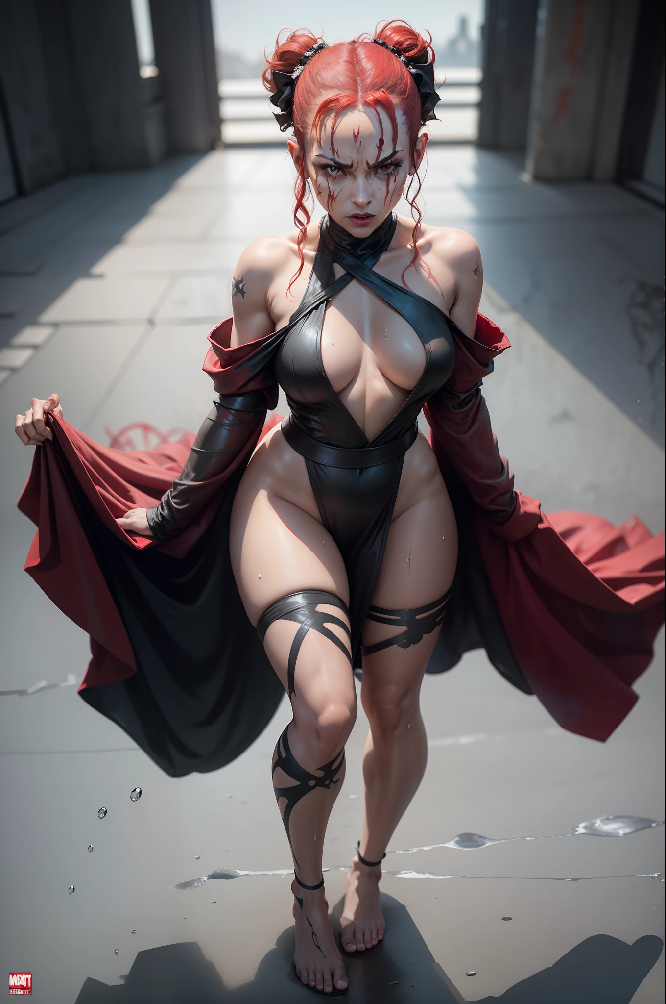 Extremely xxx rated Full body art work of a female Darth Maul from Star Wars as any female fighting character in Marvel vs Capcom style, wearing an almost invisible translucent robe that is falling apart to where the viewer can see what is underneath, soaking wet, hair in pig tails with red bows, turned on look on her face, sensually touching her body while moaning