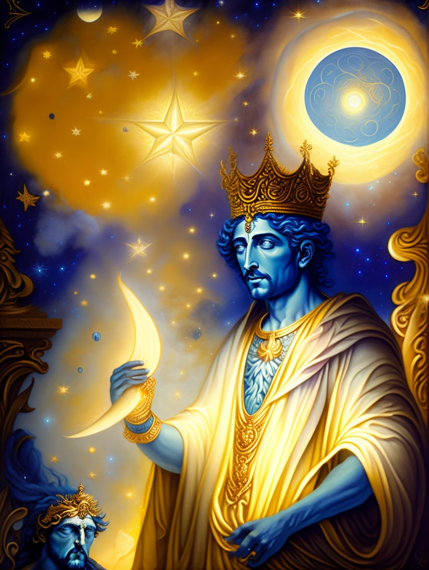 uma pintura de um homem em uma coroa segurando um crescente, lua em sua coroa, Hermes Trismegisto;, Deus da Lua, Directed by: John Moonan, Raphaelites, historical artistic depiction, sandro bottecelli, Adolf Wölfli e Donato Giancola, Directed by: Romano Vio, Deusa Celestial, Pintura barroca. sky illuminated by stars
