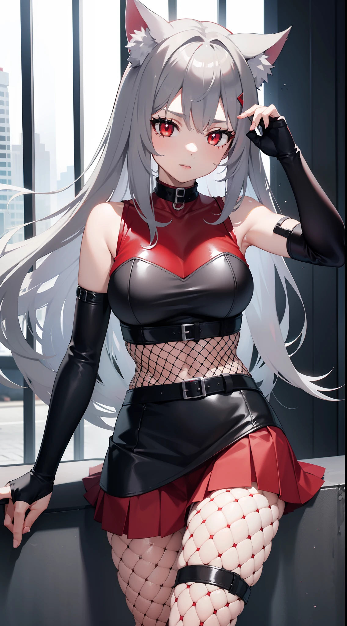 adult girl, Gray hair of medium length, red eyes, wolf ears, Red tight top, Sleeveless, fishnet tights, leather skirt, Masterpiece, hiquality