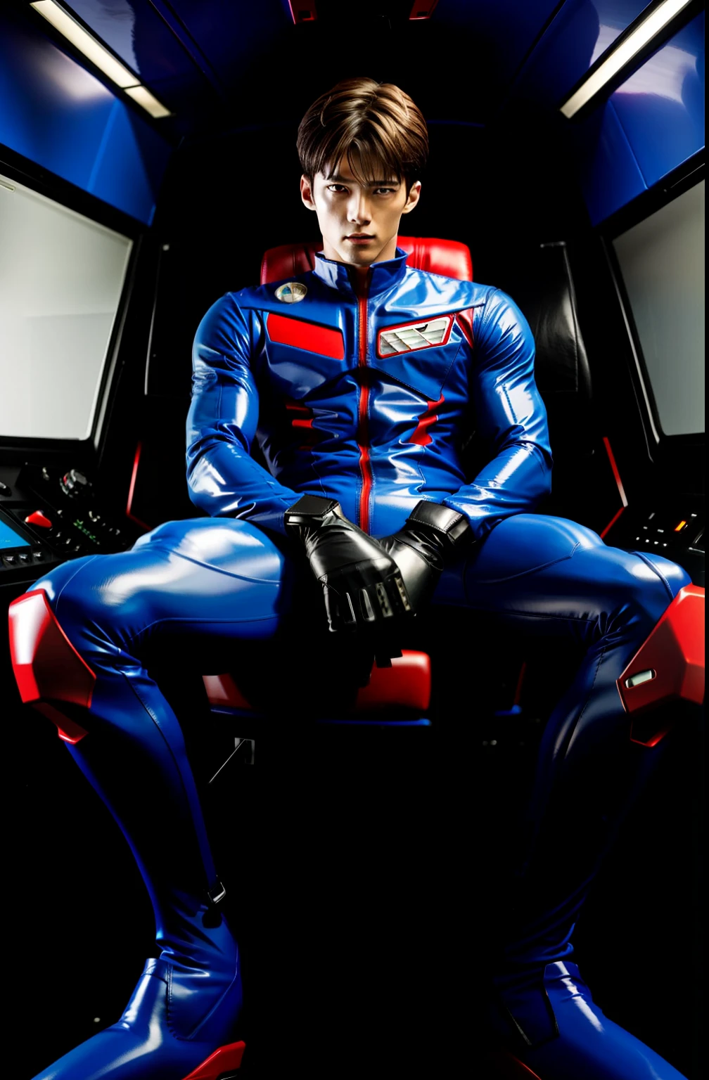Shin Evangelion,shinji,Blue latex combat suit,tightsuit,male people,Full body photo,Sitting in the combat cockpit,Muscular body,male people