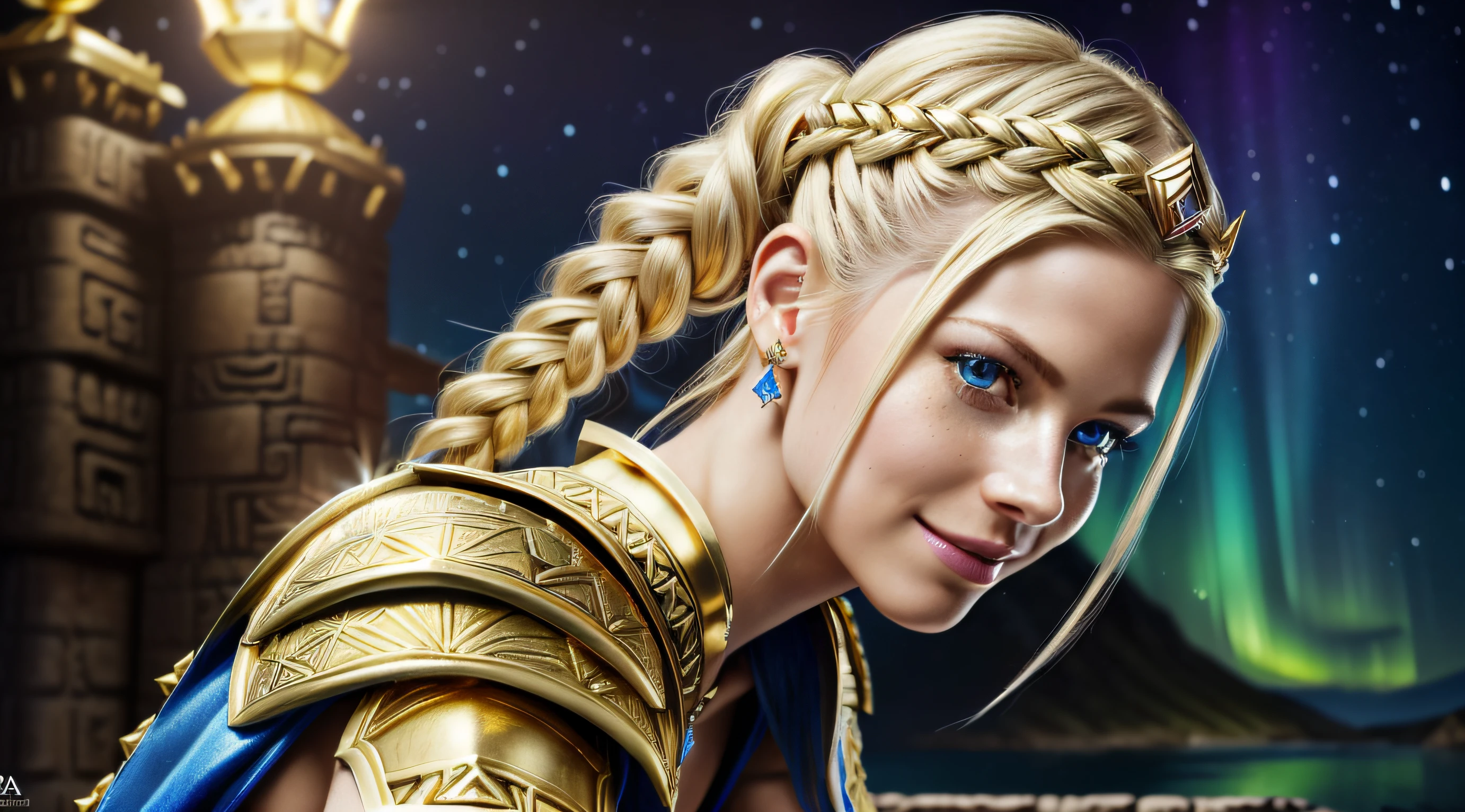 Solo, Avril Lavigne, (French Braided Ponytail sidecut), ((gold and blue aztec drop down breast plates armor:1.1)), ((gold royal diadem with glowing gem)), skimpy, seductive, naughty smile, platinum blonde, (blonde:1.1), sexy, small chest, small breasts, small butt, highly detailed blue crystal eyes, ((realistic)), ultra detailed, ((real image)), ((realistic skin)), ((realistic face)), ((realistic body)), (beautiful:1.05), (beautiful detailed eyes:1.50), (cinematic light:1.1), (ultra high detailed eyes glow:1.50), (ultra photorealistic:1.3), tease, lying model pose, fashion model pose, model body, ((anatomically correct:1.1)), perfect body, correct body, hair over shoulder, aurora borealis, (medieval castle), (illustration:1.05), Realism, anatomically correct, masterpiece, super detail, best quality
