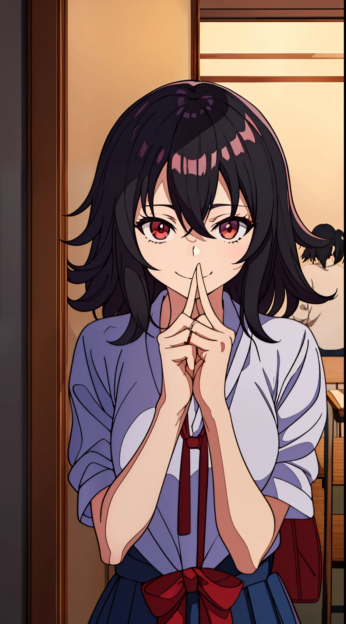 (One teenage girl) with black hair, unkempt hair,, messy  hair, red tired eyes, In Japanese school uniform, bags under eyes, Lots of eye shadow,, yandere,  Crazy evil smile, In the background of an ordinary home room