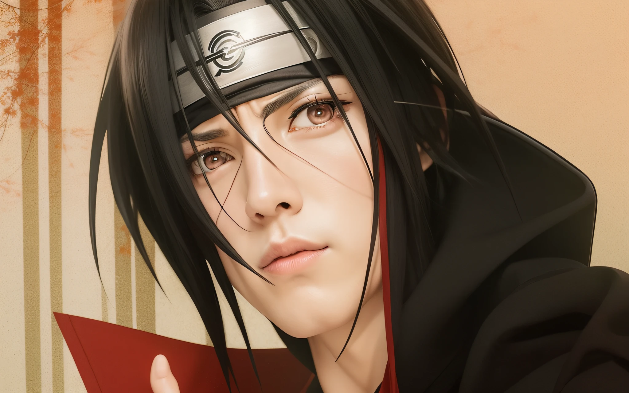 itachi uchiha, red eye, konoho headband, black hair, akatsuki jacket, necklace with 3 circles, long wrinkles under the eyes, adult male, cool, anime, naruto, landscape photo