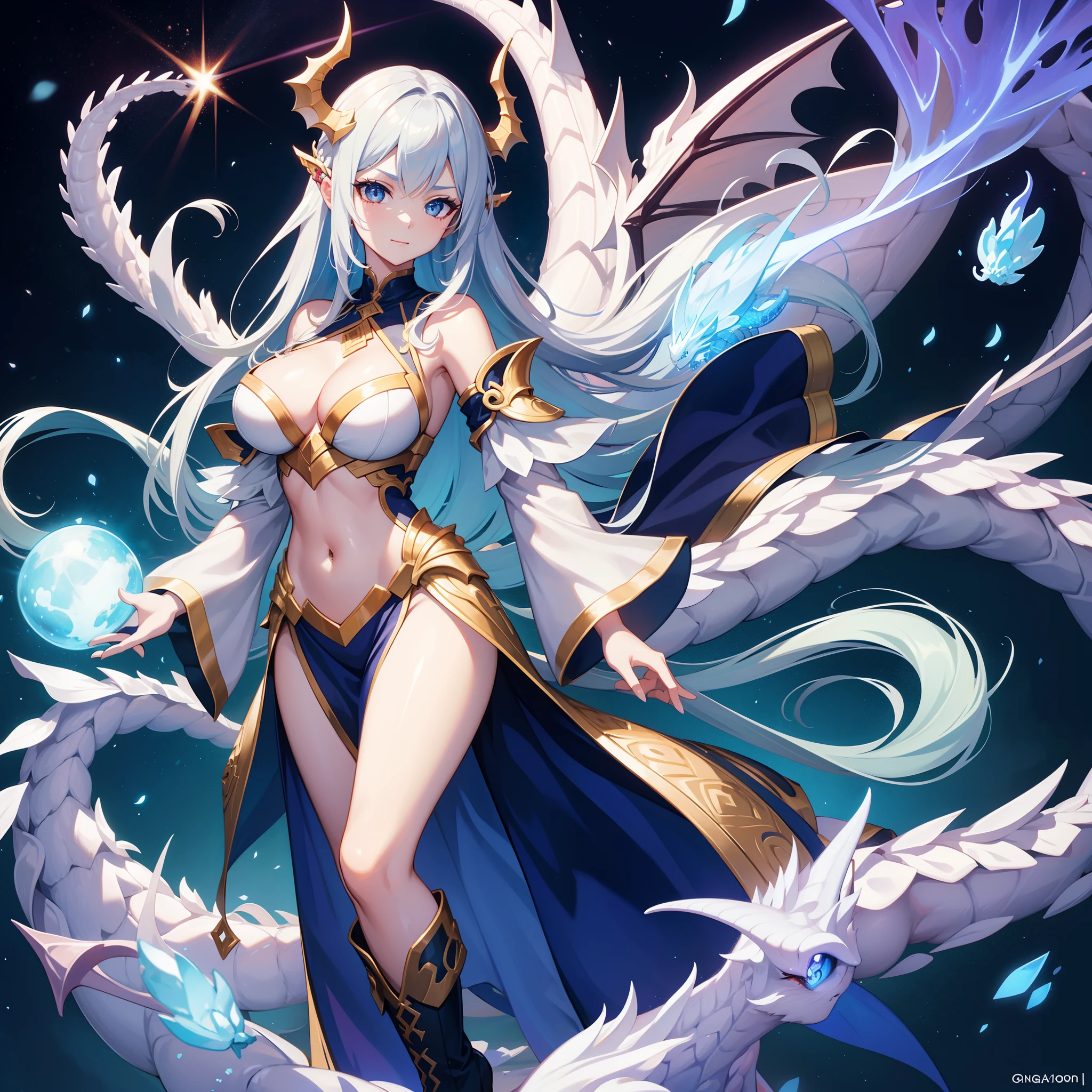 1 girl, cosplay, Long Nu (Dragon Maiden), standing, confident pose, piercing gaze, flowing silver hair, intricate hairpin, light makeup, dragon scale pattern on face, radiant smile, curvaceous figure, revealing outfit, dragon emblem on chest, slim waist, long legs, high boots, ethereal atmosphere, surrounded by mist and glowing orbs, holding a dragon-themed staff, fierce expression, sparkling eyes