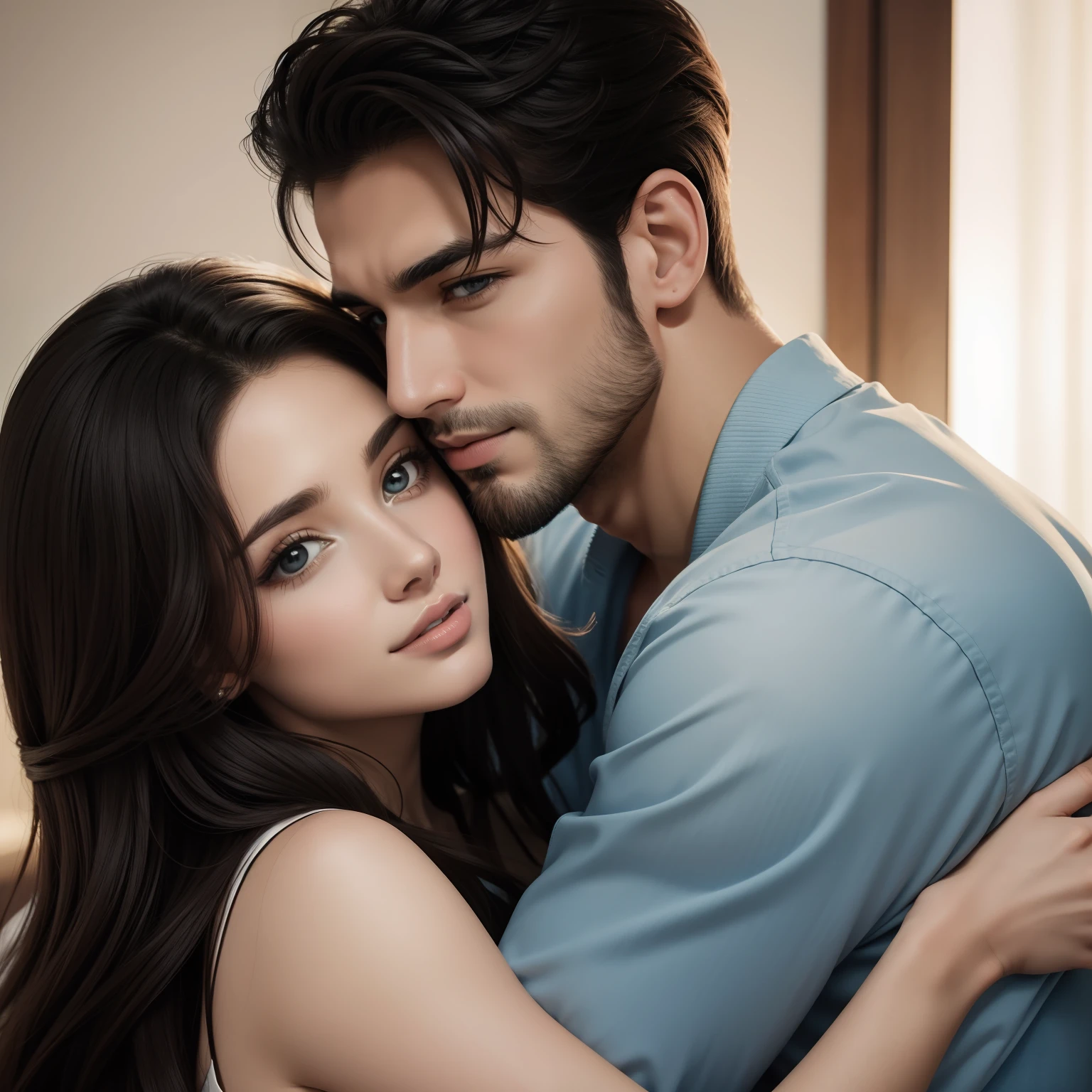 Couple man and woman in love, dark hair, closed eyes, sensual embrace, love