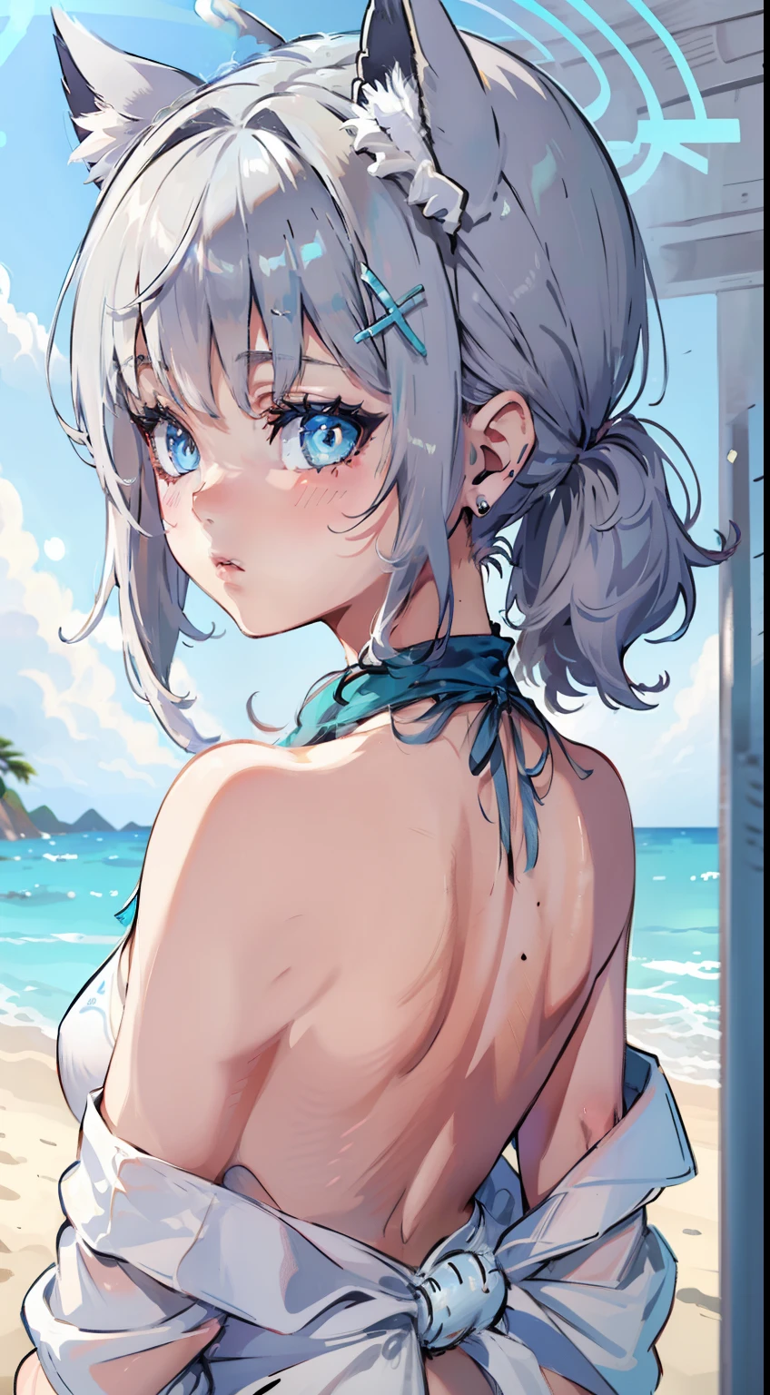 masterpiece, best quality,masterpiece, best quality,detailed eyes,sideboob,1 girl,white swimsuit, upper body, vivied eyes, a girl,,, , silver hair, hair,blue cat ears, the back,loli,earing,dinamic pose,small breasts, detailed face, ,white school swimsuit, Expressionless,sweat, one girl,ocean, normal breasts,bare back,bare shoulders, ,white school swimsuit,,,short ,the back,anime,the back,Sunaookami Shiroko