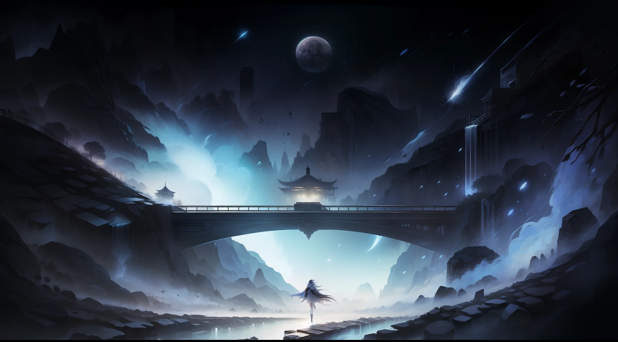 A girl , A bridge,A huge moon in the distance,the night,starrysky,Reasonable composition
