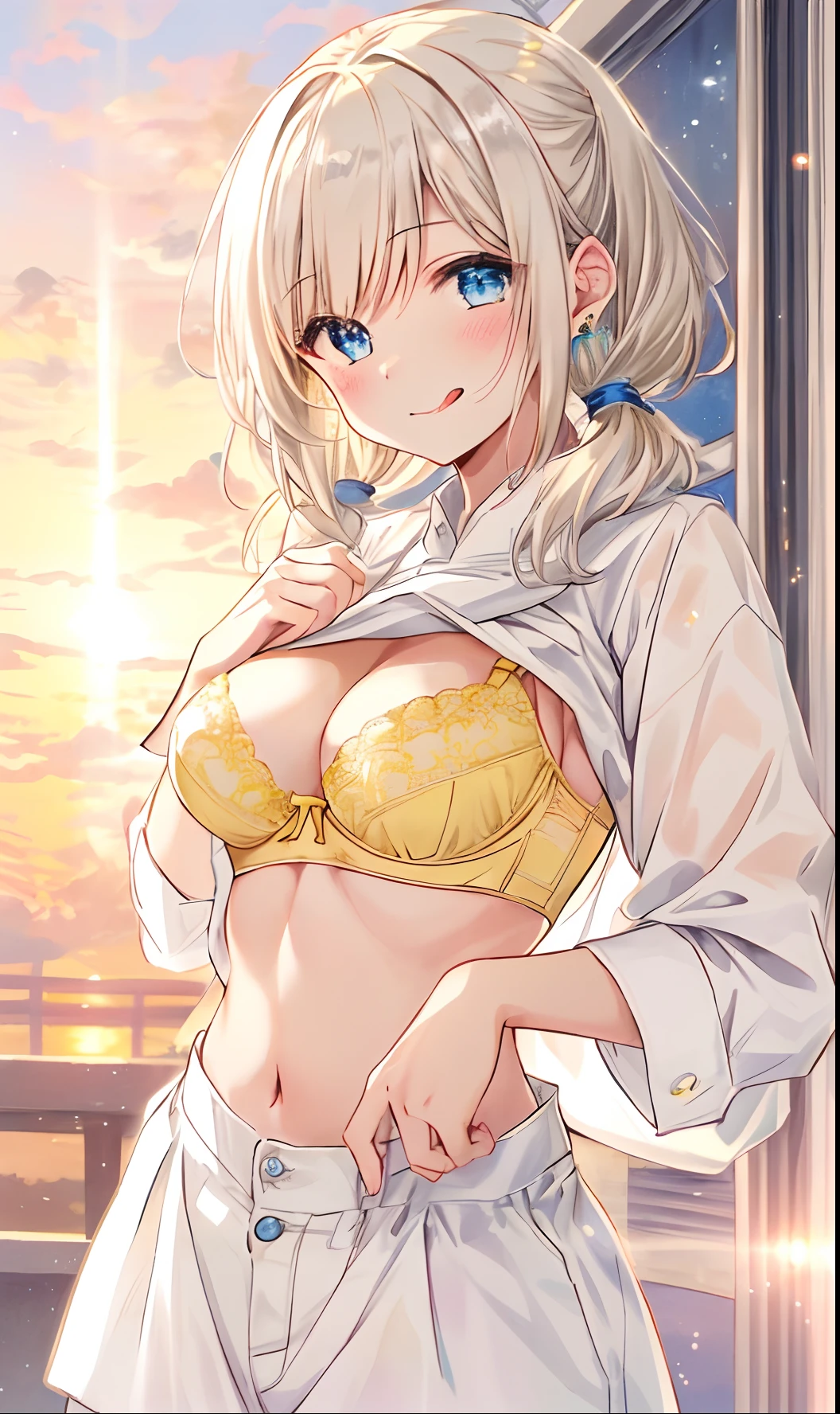 absurderes, hight resolution, (Official art, Beautiful and aesthetic:1.2), best qualtiy、(1womanl:1.8)、(独奏:1.7)、ultra-detailliert,bright colour, Anime Face、extremely beautiful detailed face and eyes,25-years old、(Lens Flare:1.4)、Shy laughter、(Platinum blonde short hair:1.4)、(low twintails:1.4)、Shiny hair、Medium Breasted、(whiteshirt lift:1.8)、(Deep Blue Eyes:1.4)、(Embarrassed smile:1.3), shiny_skin,blush、(put out the tongue:1.4), (hair clips), earrings,,(Yellow Bra:1.6) Beautiful cloud, (Dusk sky:1.6)、(Cowboy Shot:1.3)、skiny、