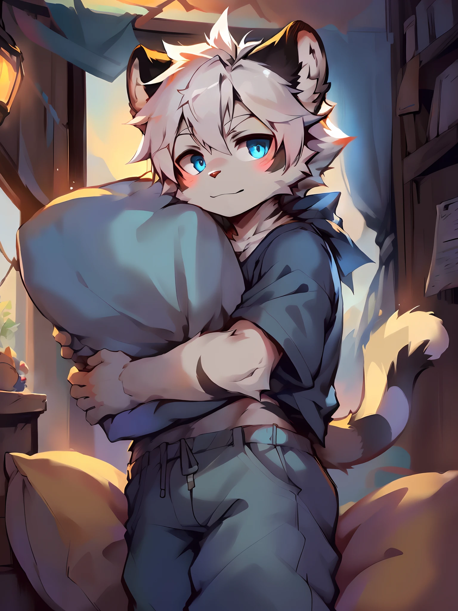 eyes with brightness, in a panoramic view, Character Focus Solo, shaggy, Furry male wolf, White fur for men,blue ear,Blue pattern on the face, blue color eyes, White color hair(The long),Wearing blue pajamas,CasualClothing,Young style,Height one meter eight,Handsome, has a tail,high school senior,onbed,hugging pillow,The tail is straight,Digital artwork with cinematic lighting.A boy,Single break anthropology,Furry,feral,(Digital media \(artwork of a\):1.2),(hi,It's nothing,absurd res:1.2),Perfect anatomy,Anatomically correct,Detailed,Detailed face,Detailed eyes,(Realistic fur,Detailed fur:1.25),Detailed background,amazing background. Break (author:Puinki \(artist\):1.2),(author:Unreal Land,author:Sumi Kuroi,author:Milk Tiger 1145,author:Morkey,author:Emolga 1,Through oocysts:1.2),(author:Xia Huaiting:0.8),(by Pino Daeni:0.8),(author:Sios Shiru:0.8),(by Chunie:0.8).