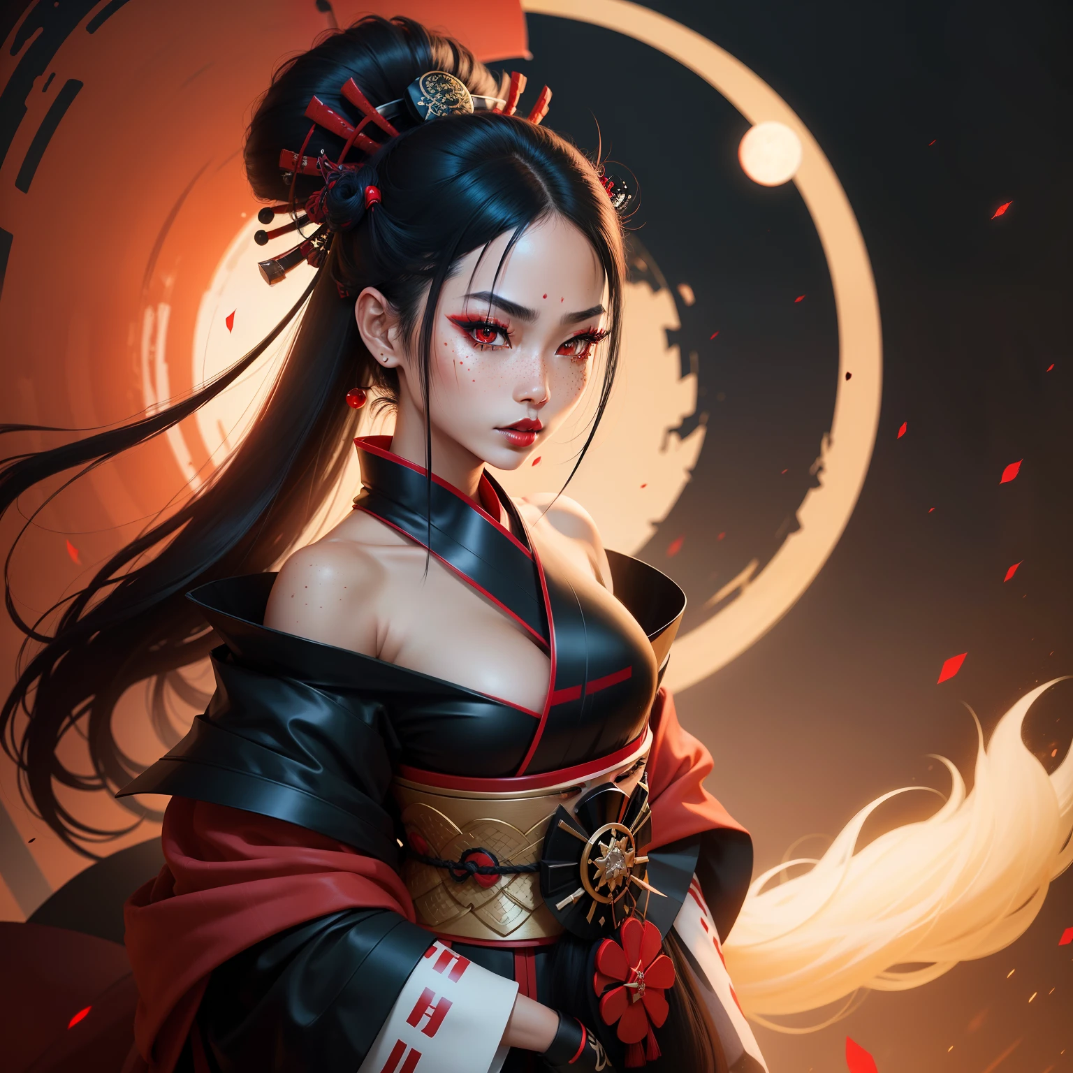 Female samurai warrior, jet black hair, dark skinned tanned, red black, bright moon, freckles on the face, red lipstick, full body, no extra hair, diamond shaped face, cover top, black eyeballs, geisha warrior, brown tan skinned, sexy hair style, extravagant outfit