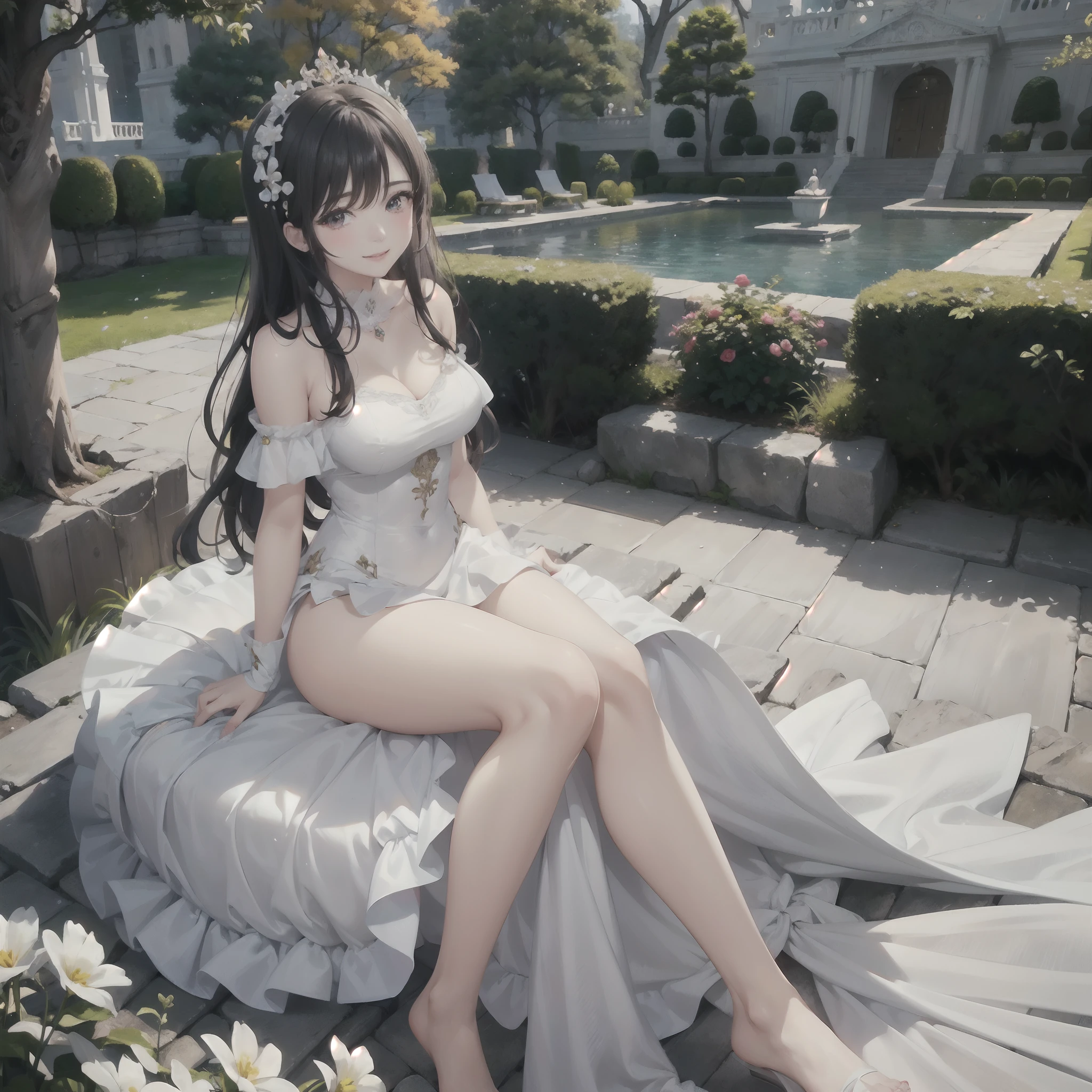 (obra maestra) (La mejor calidad) Una hermosa mujer vestida de blanco con una corona de hojas doradas en la cabeza. She is in a beautiful garden standing in front of the camera with a beautiful smile in a natural pose..... movie quality