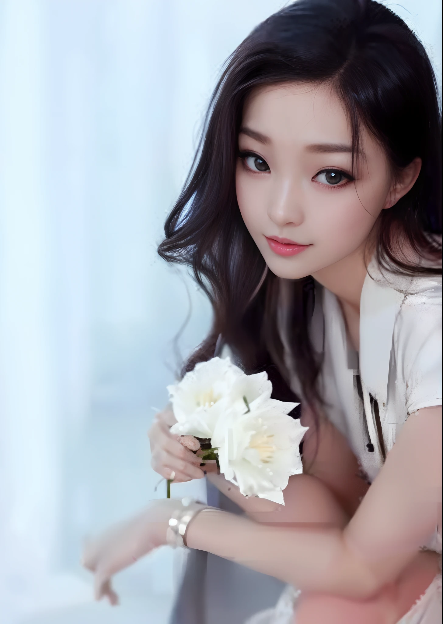 araffe asian woman with long hair and white dress holding flowers, by Ni Tian, ruan jia beautiful!, beautiful asian girl, gorgeous chinese model, chinese girl, gorgeous young korean woman, with flowers, her face looks like an orchid, beautiful young korean woman, beautiful south korean woman, by Li Song, by Chen Lin, by Zhang Han, by Ye Xin